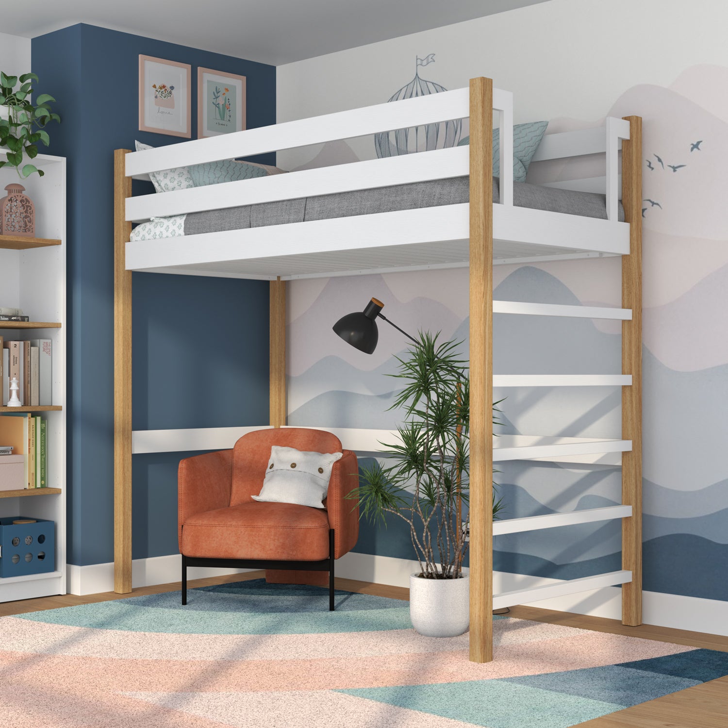 Lit mezzanine en bois blanc-chêne – espace libre sous la chambre, Nizio
