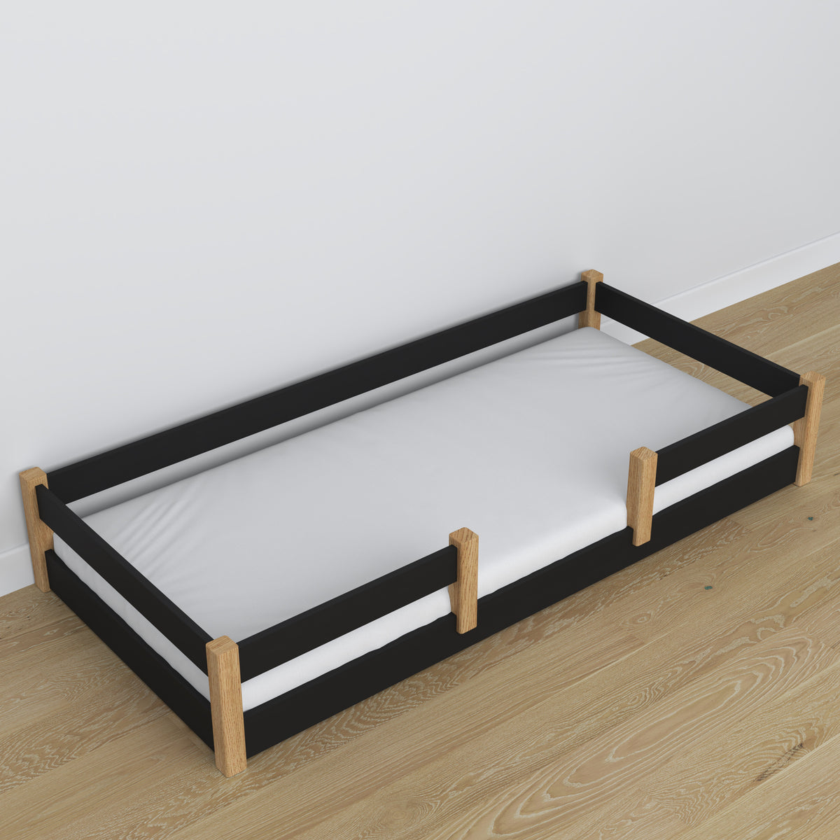 Laag bed zwart-eiken in slaapkamer – Scandinavische inrichting, houten