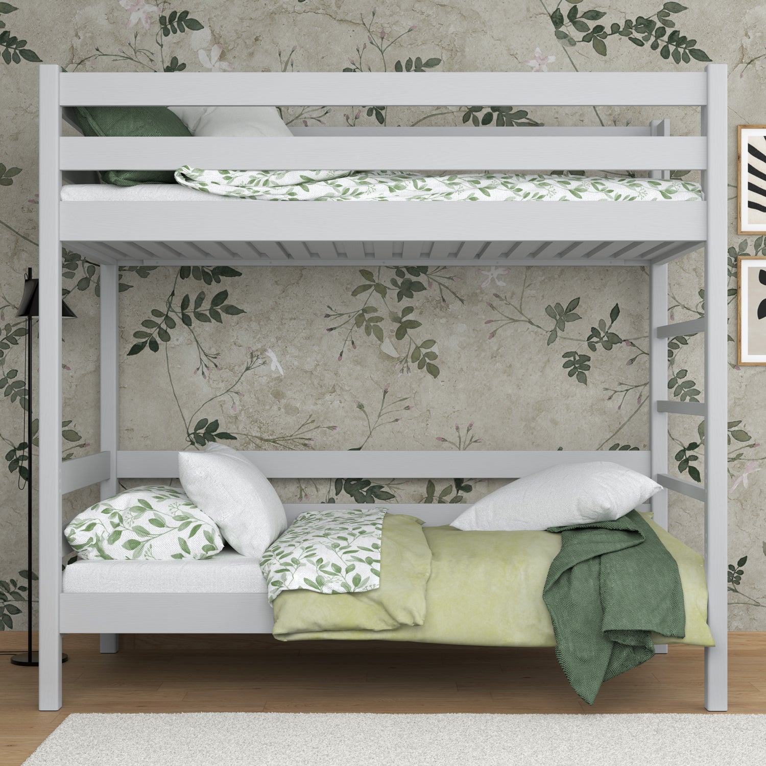 Stapelbed grijs – ladder en veiligheidsbeugel houten, Nizio Home