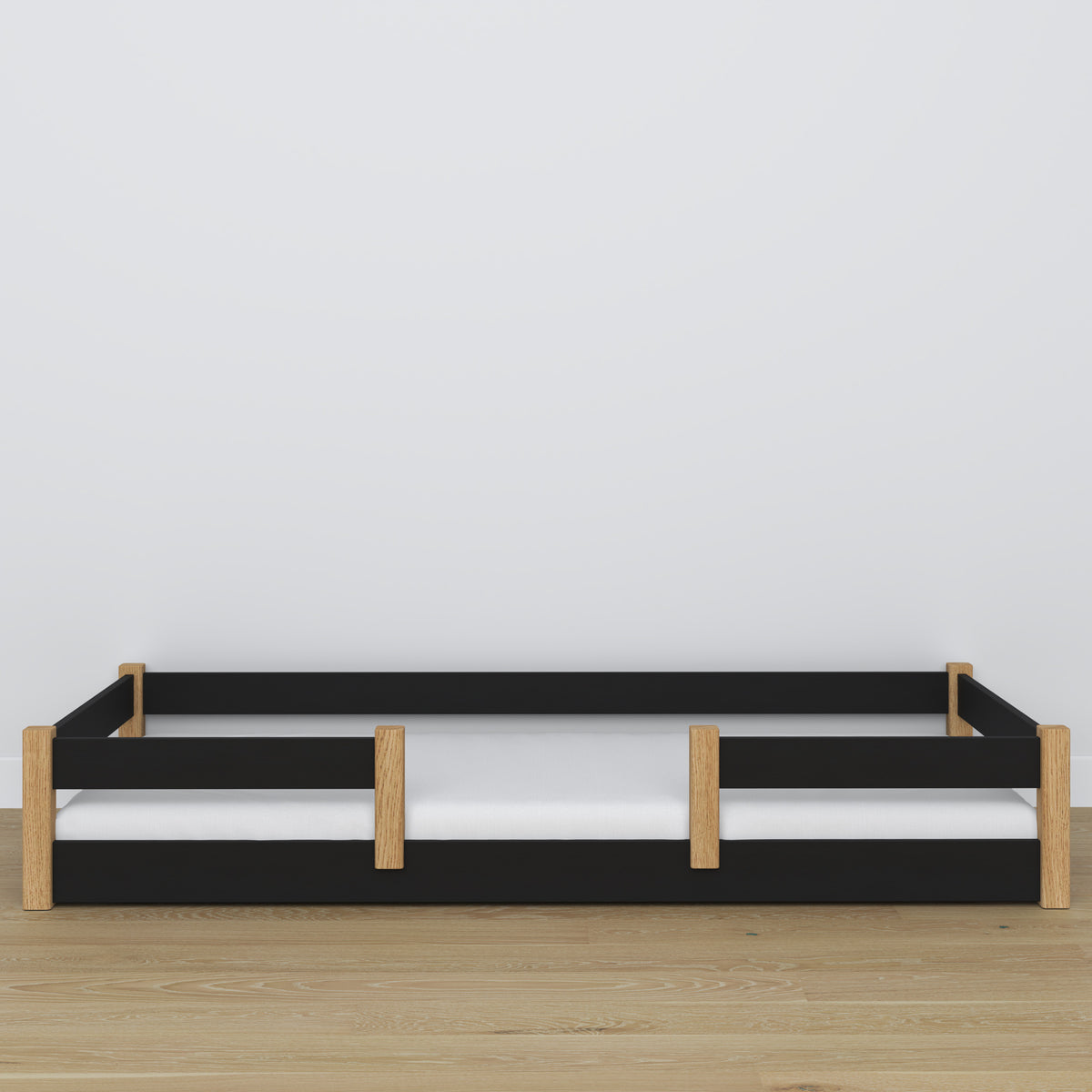 Laag bed zwart-eiken – houten hoofdeinde, close-up op houtskwaliteit