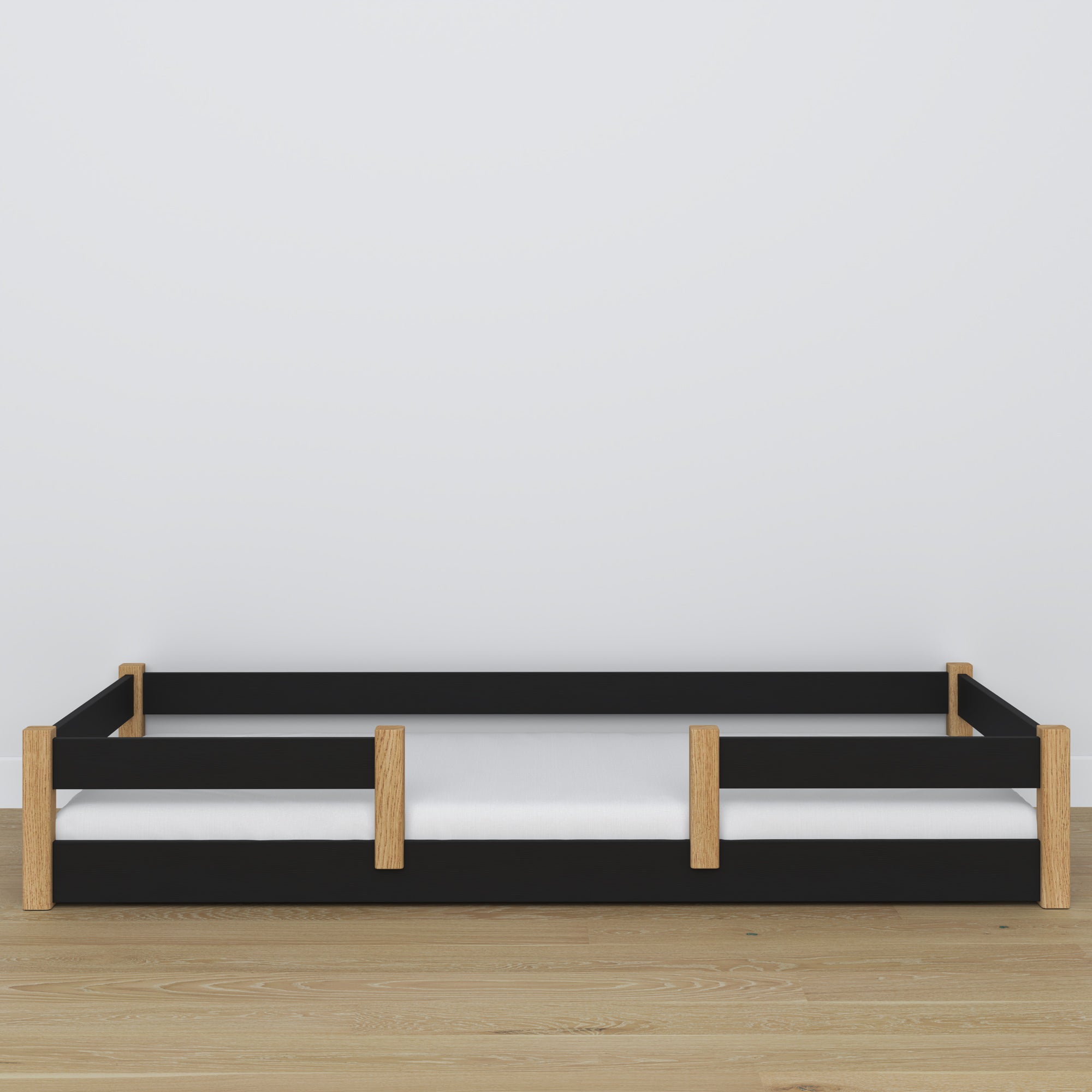 Laag bed zwart-eiken – houten hoofdeinde, close-up op houtskwaliteit