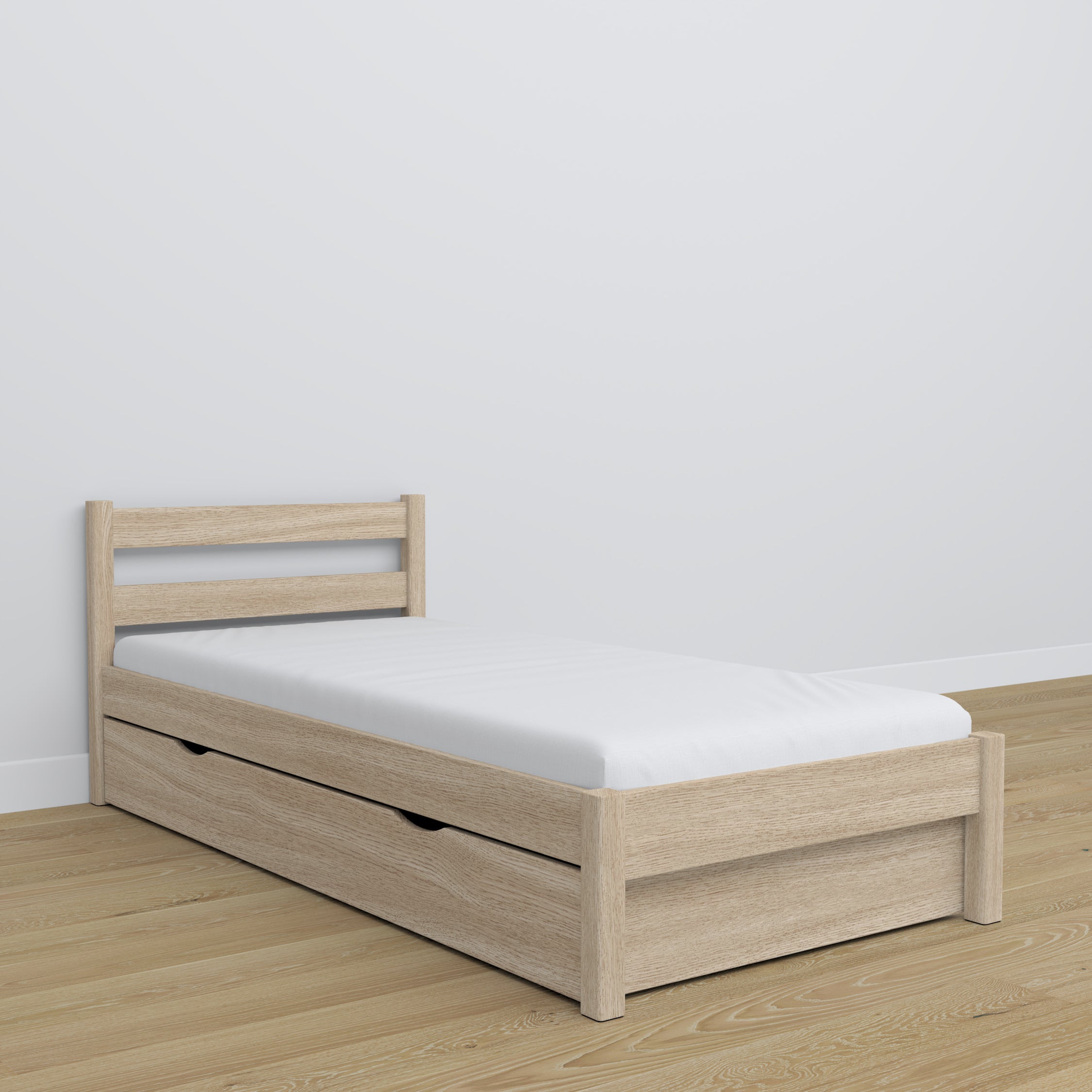 Bed met lade eikenhouten gewit eiken – kinderkamer, scandi inrichting