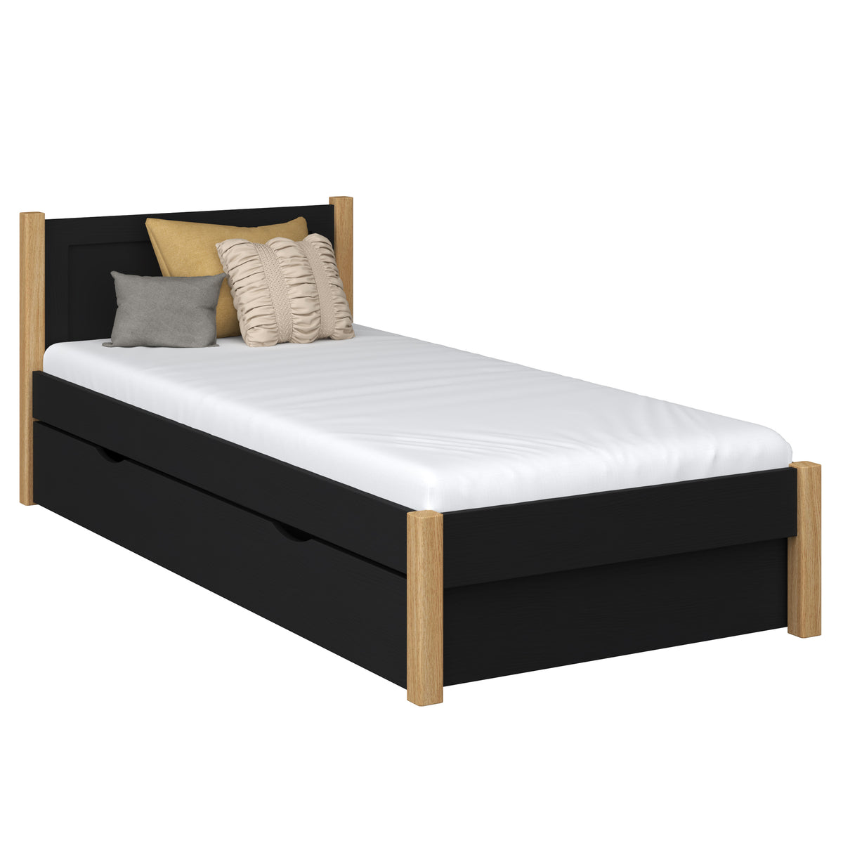 Wooden bed with drawer black-oak – open drawer, storage interior