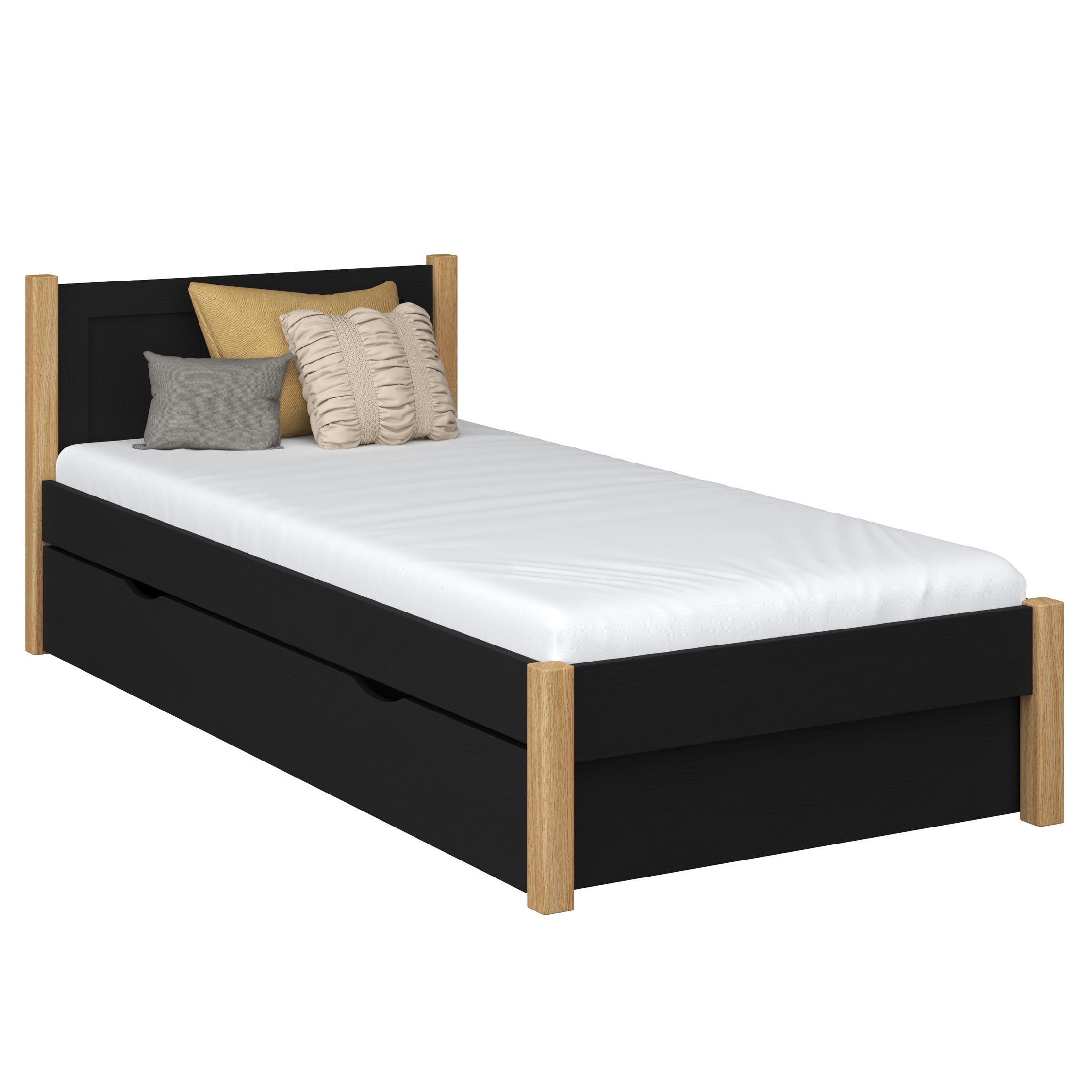 Wooden bed with drawer black-oak – open drawer, storage interior
