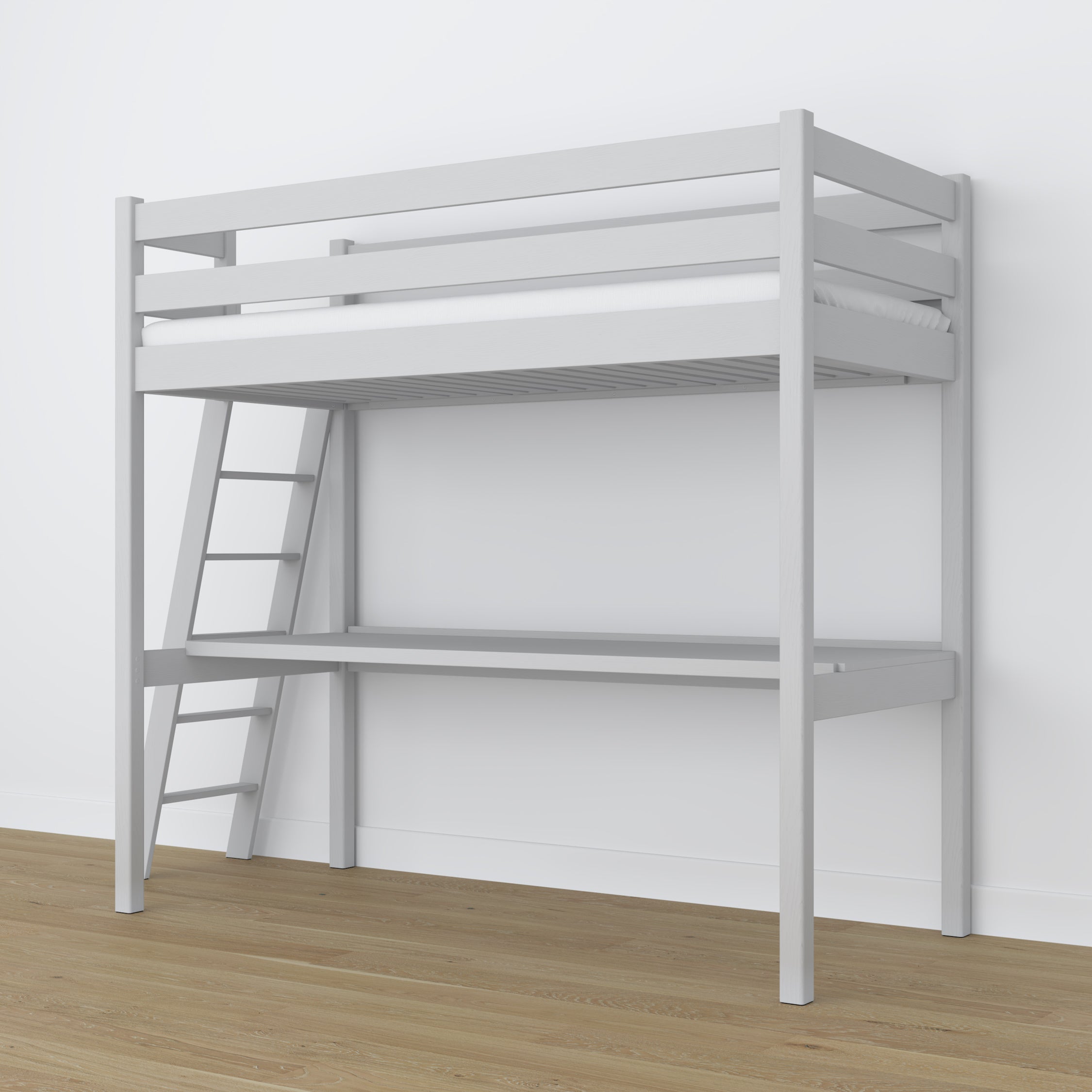 Hoogslaper grijs – houten bureau onder slaapgedeelte, kinderkamer scandi
