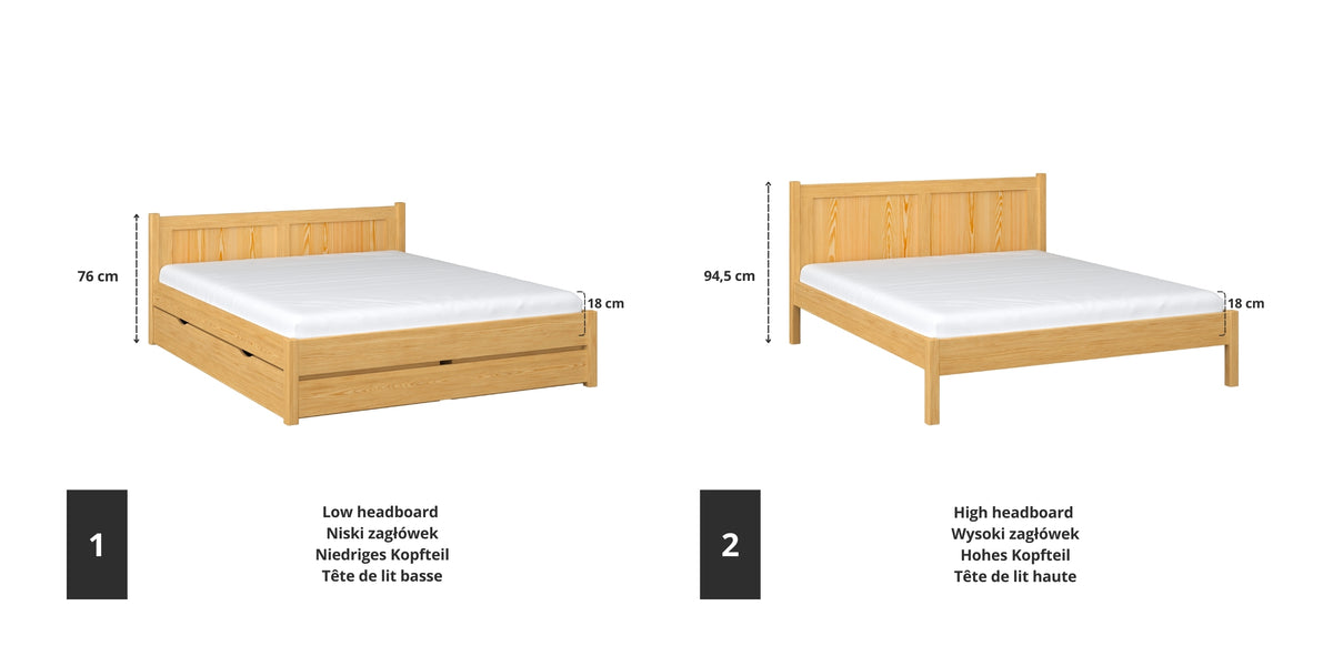 Tweepersoonsbed van hout naturel grenen – details van verbindingen en lade, Nizio