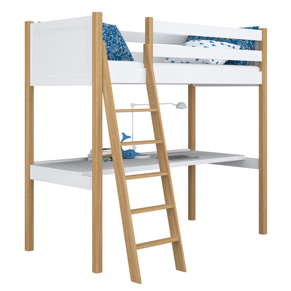 Lit mezzanine avec bureau en bois blanc-chêne – chambre d'enfant, scandinave Nizio