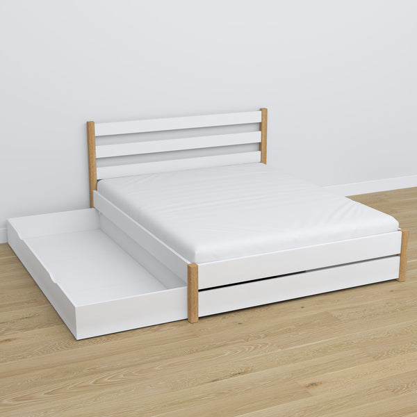 Double bed with wooden drawer white with oak – open drawer, spacious interior