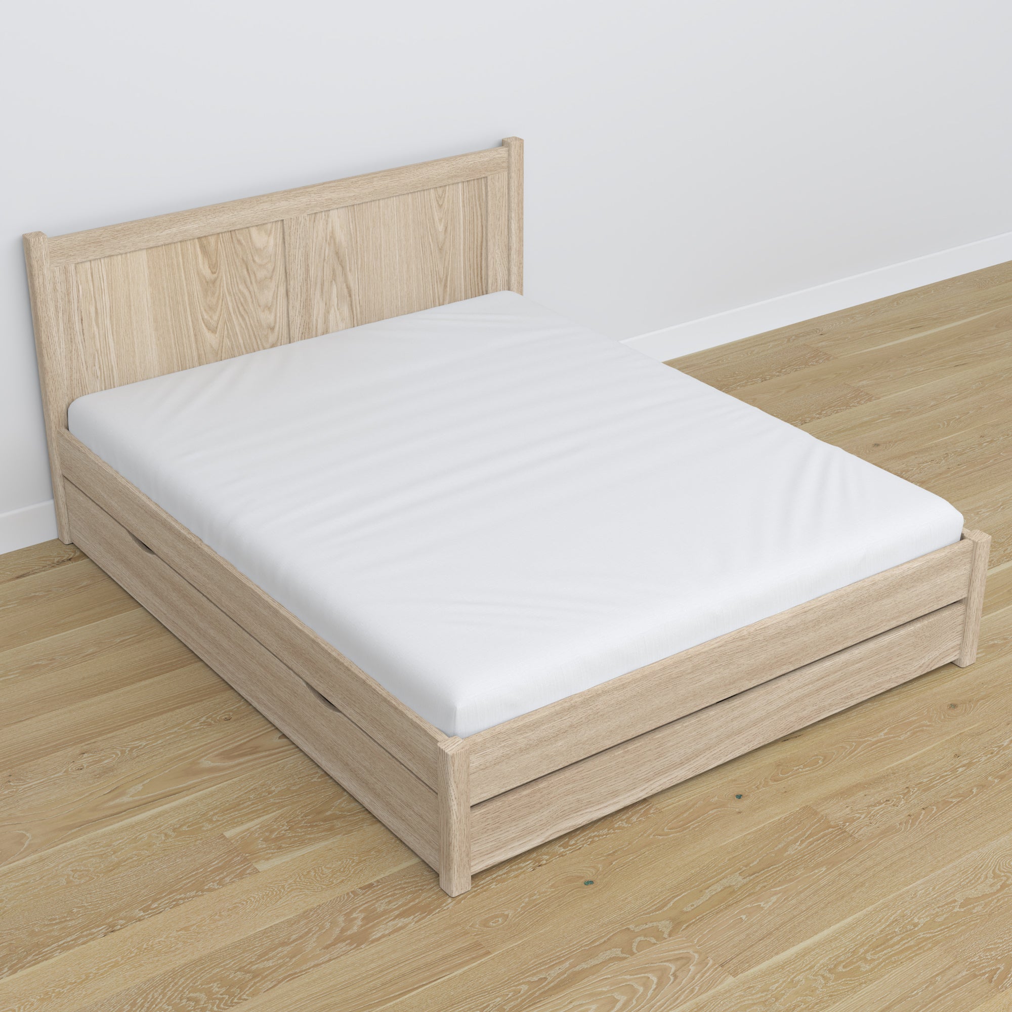 Tweepersoonsbed gewit eiken – poten en basis eiken, close-up