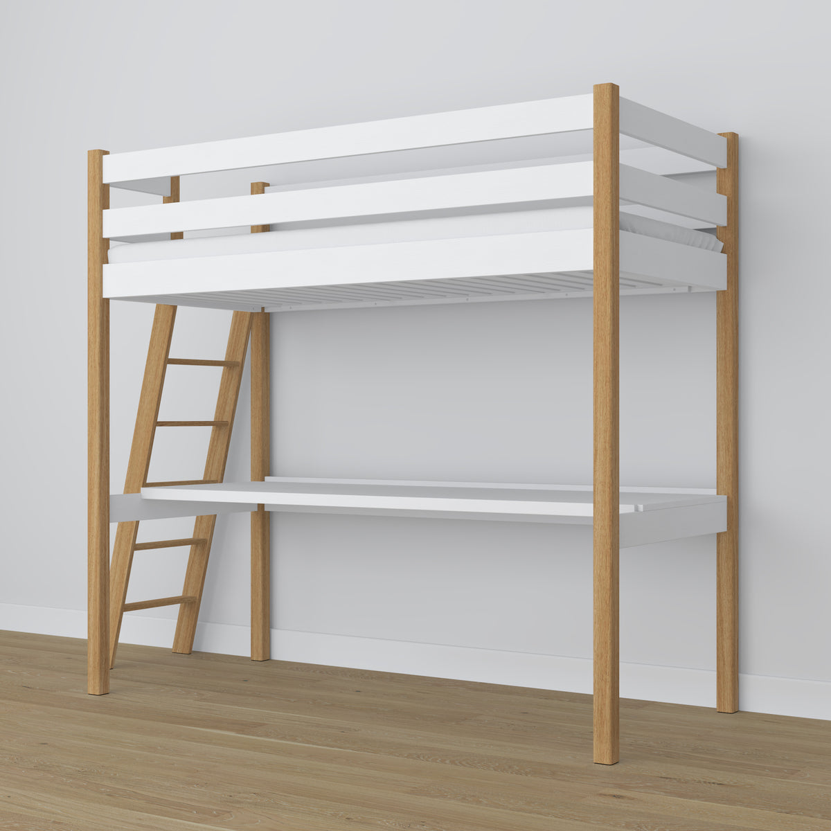 Hoogslaper met bureau houten wit-eiken – ladder en veiligheidsrail