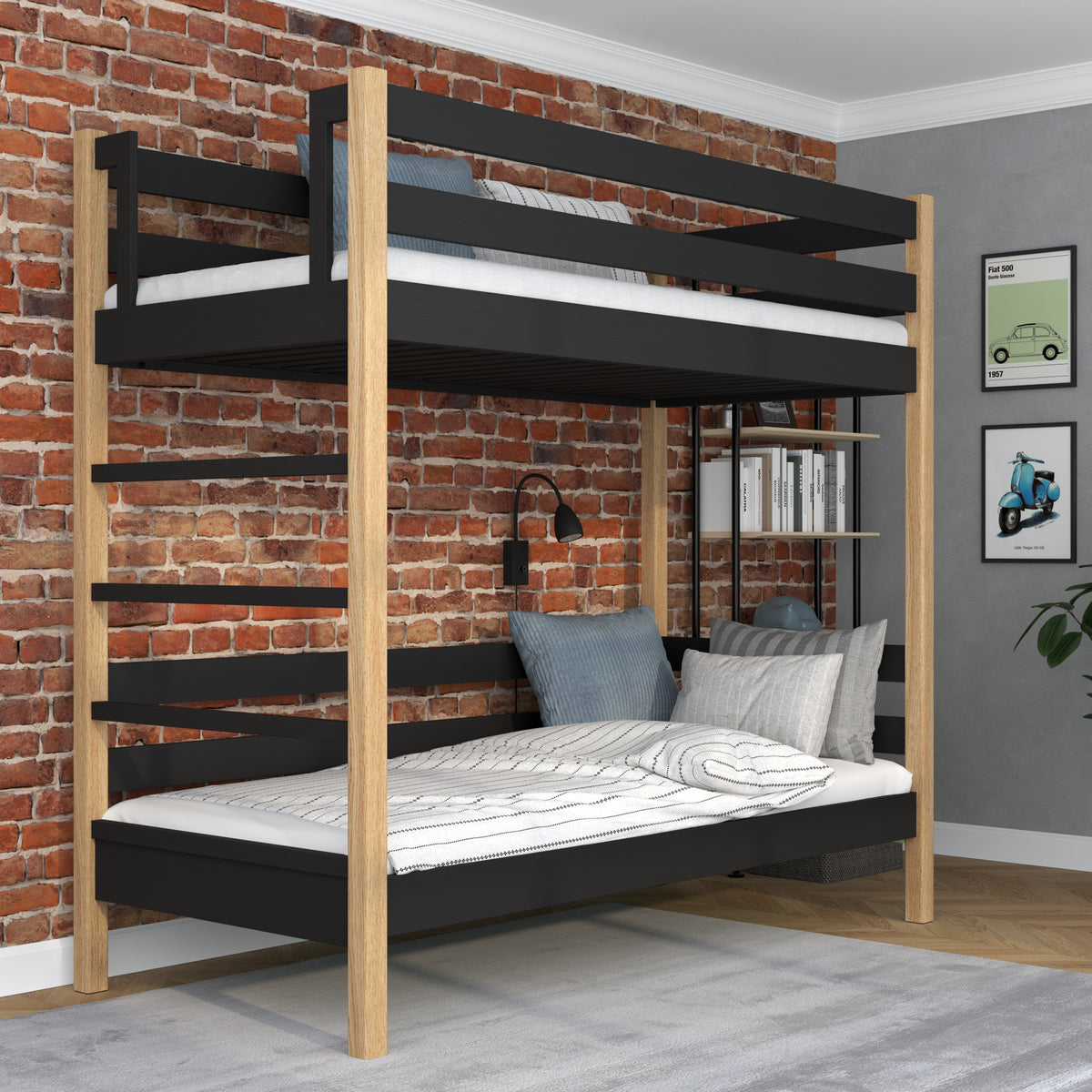 Stapelbed houten zwart-eiken – twee slaapplaatsen in één, veilige constructie
