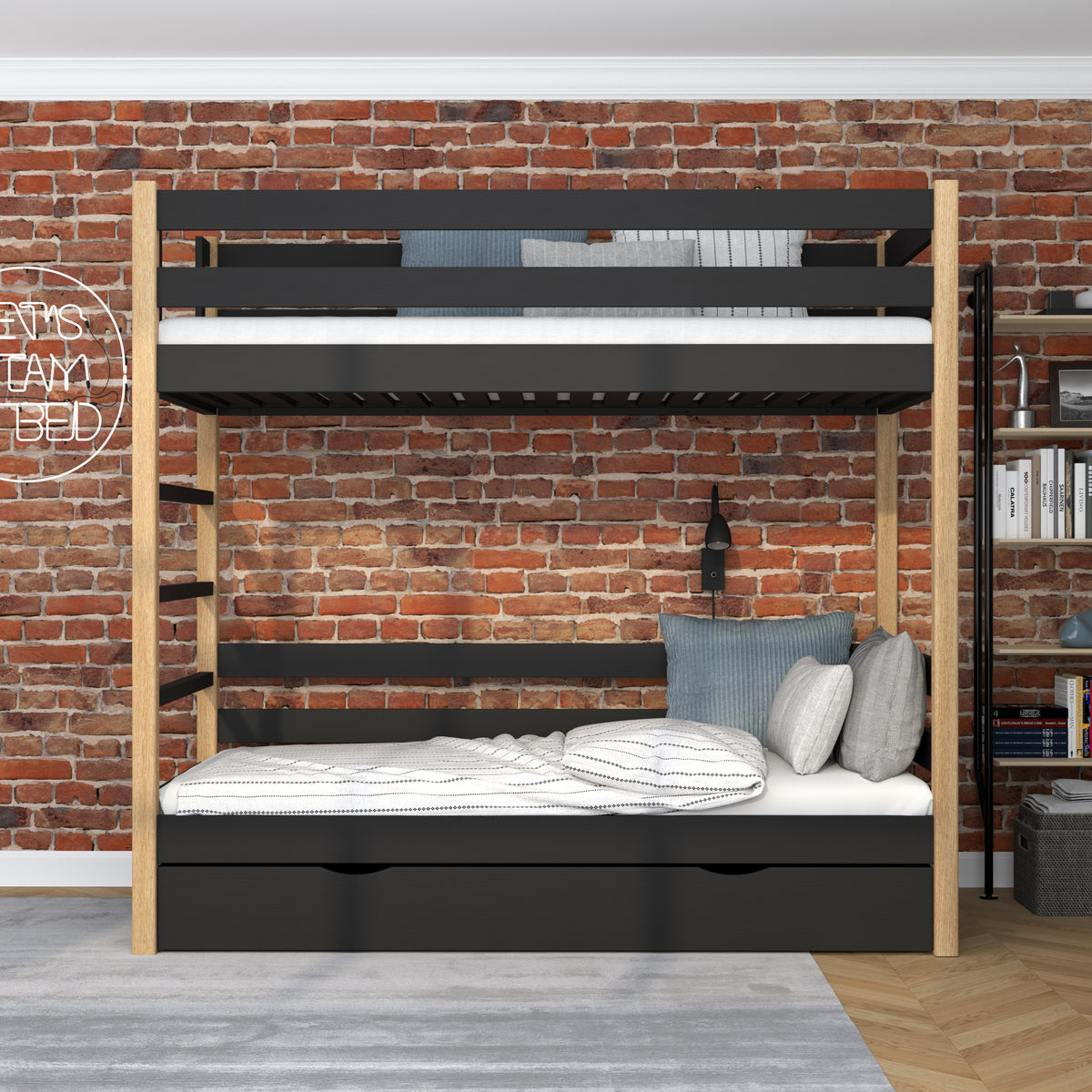 Stapelbed zwart-eiken met lade – houten bedhekje en ladder, Nizio