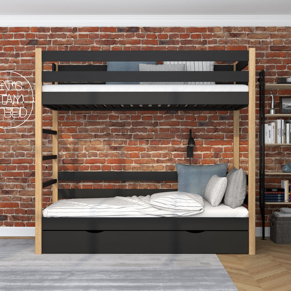 Lit superposé noir-chêne z tiroir – barrière i échelle en bois, Nizio