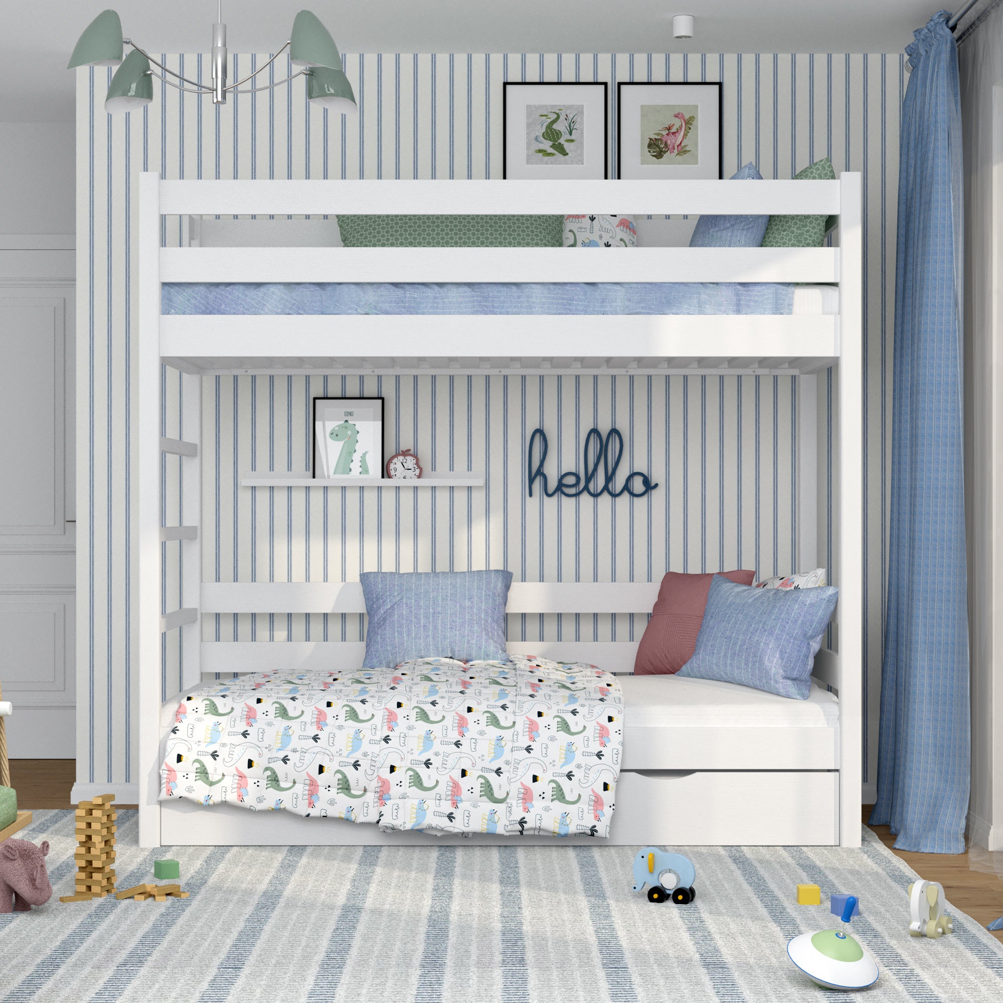 White Bunk Bed with Mattress Drawer – Safety Rail, Wooden, Nizio Home