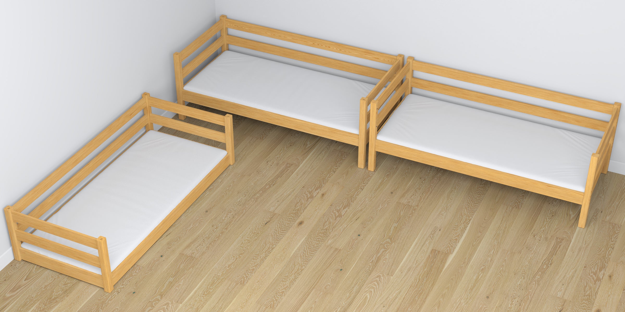 Driepersoonsstapelbed houten naturel grenen – close-up op verbindingen en constructiedetails