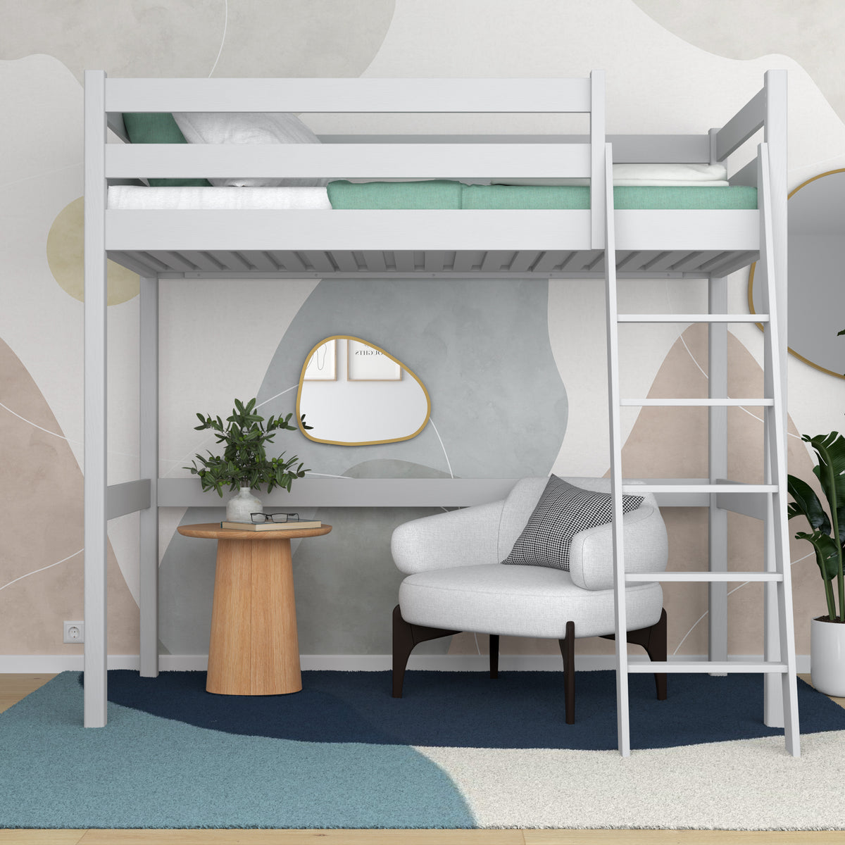 Hoogslaper grijs – houten ladder en bedhekje, Nizio Home