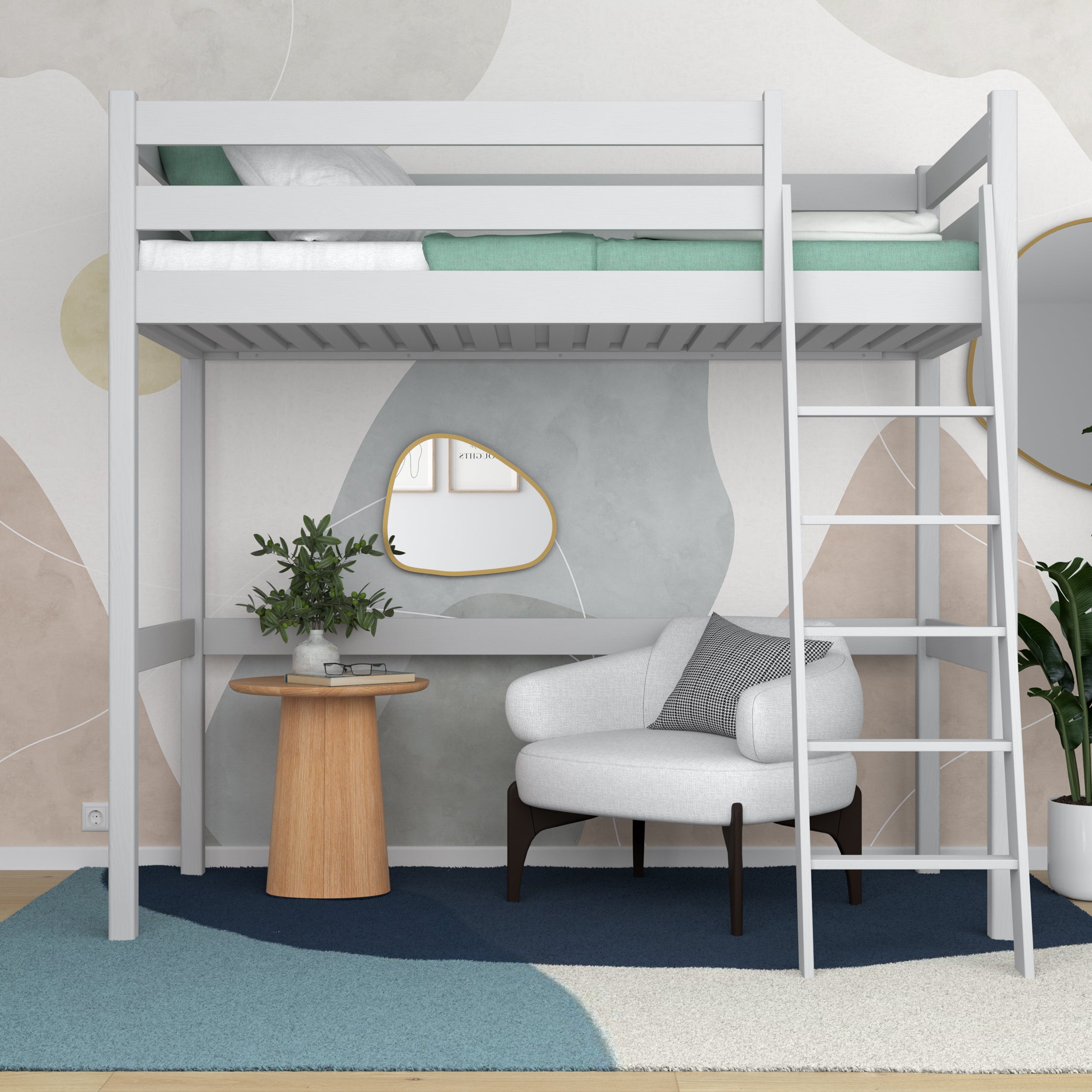 Hoogslaper grijs – houten ladder en bedhekje, Nizio Home