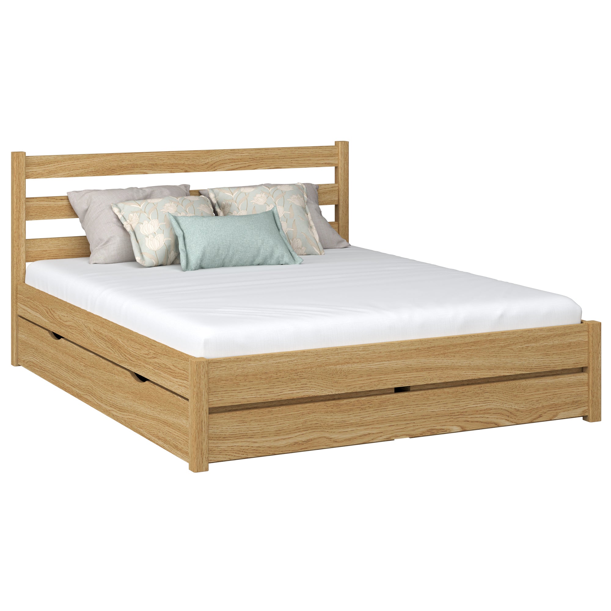 Eikenhouten tweepersoonsbed met lade N01 naturel eiken – algemeen aanzicht, massief eikenhout