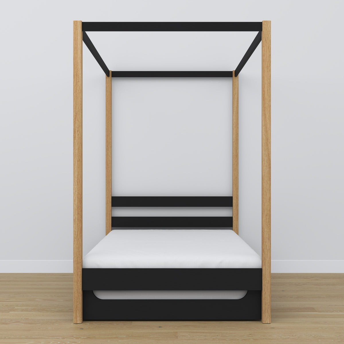 Bed zwart-eiken met hemel en lade – zijaanzicht, houten, Nizio