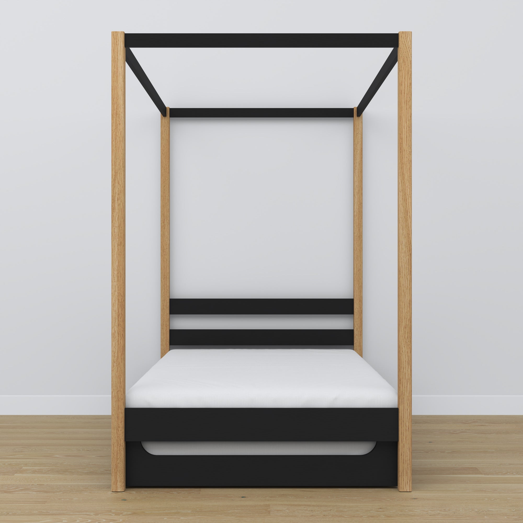 Bed zwart-eiken met hemel en lade – zijaanzicht, houten, Nizio