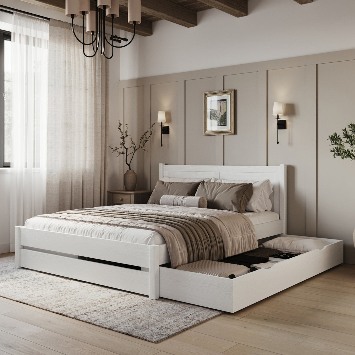 Tweepersoonsbed met lade houten wit – lade open, ruim interieur
