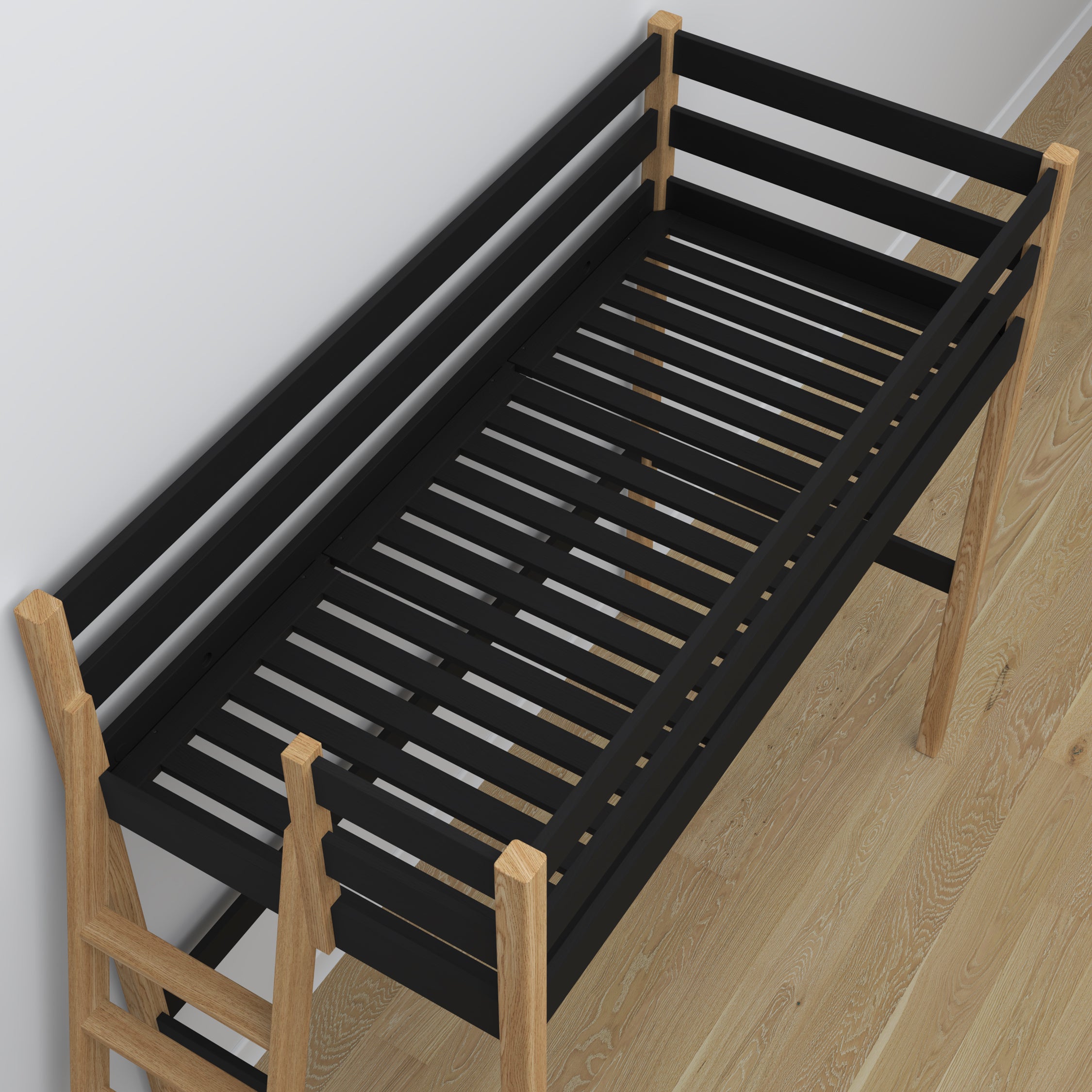 Houten hoogslaperbed zwart-eiken – details verbindingen en ladder, Nizio Home