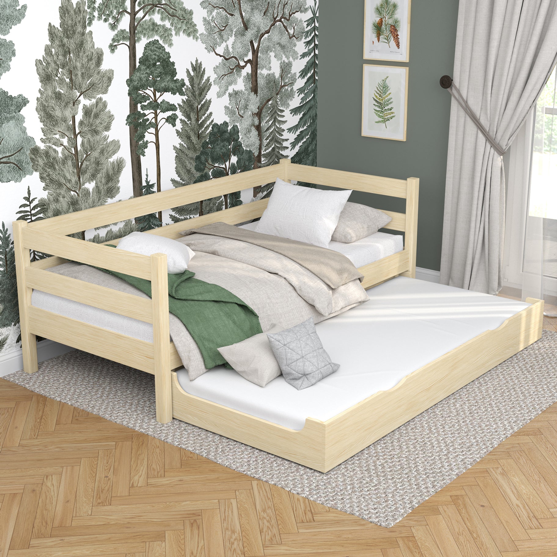Sofa bed wooden clear pine – mattress drawer pulled out, for guests