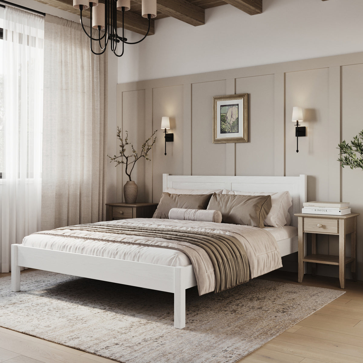 Tweepersoonsbed houten wit – zijaanzicht, verhoudingen en vorm, slaapkamer