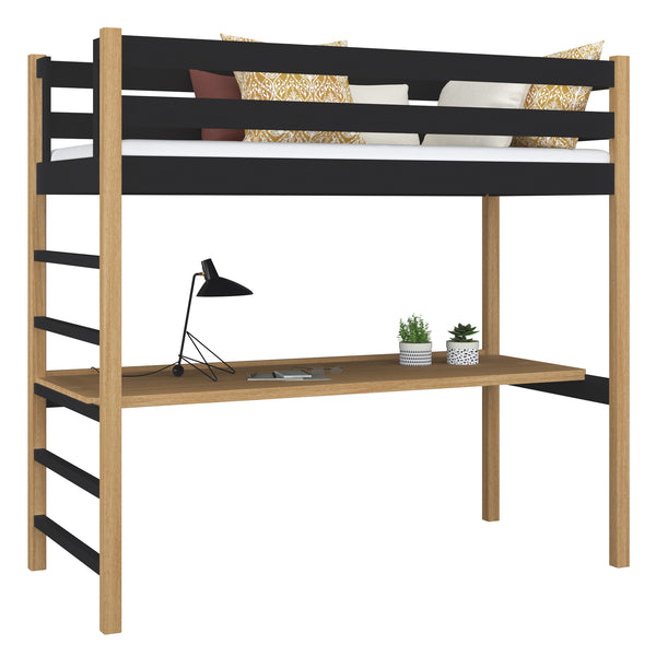 Lit mezzanine avec bureau en bois noir-chêne – chambre d'enfant, scandinave Nizio