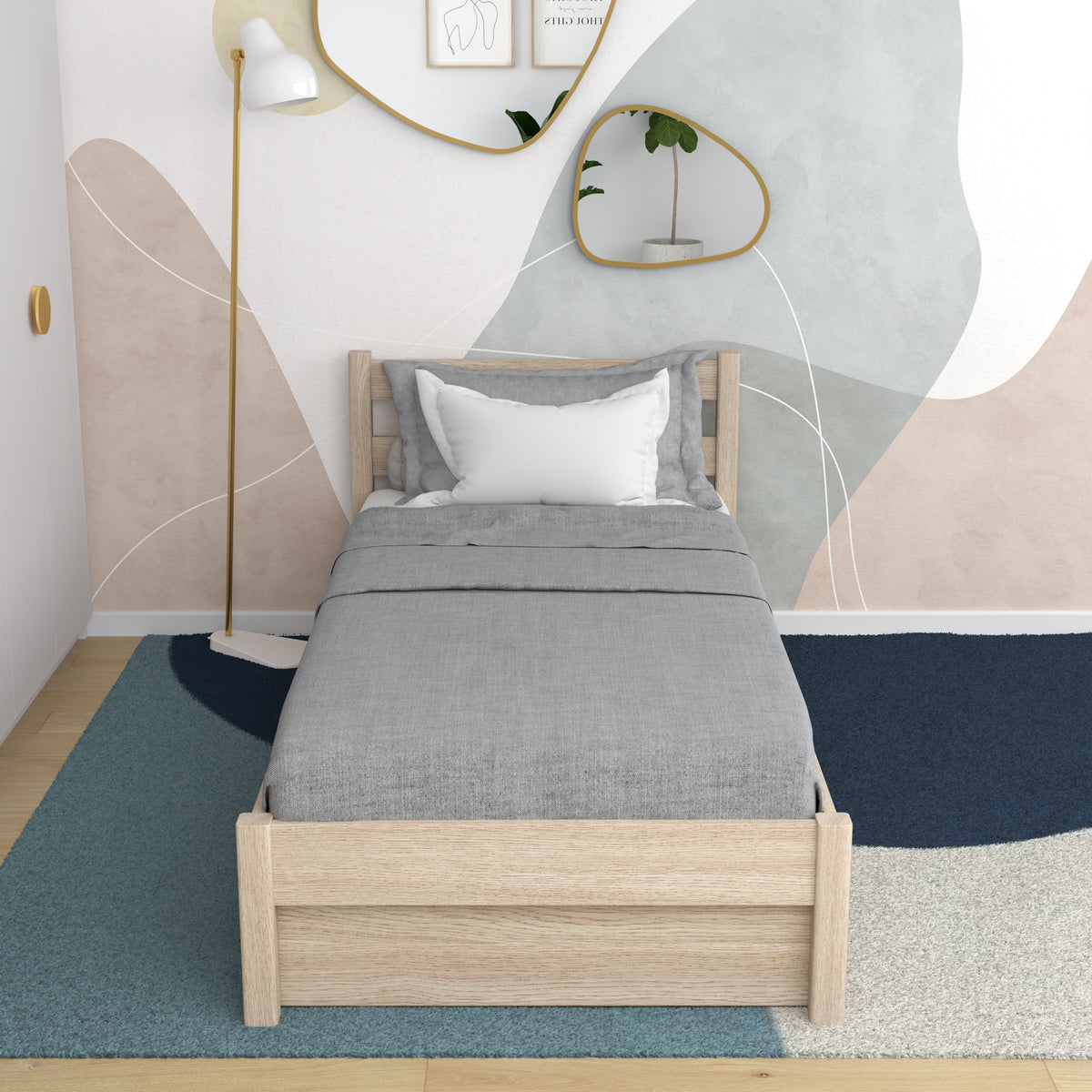 Bed gewit eiken met lade – zijaanzicht, eikenhouten, Nizio Home