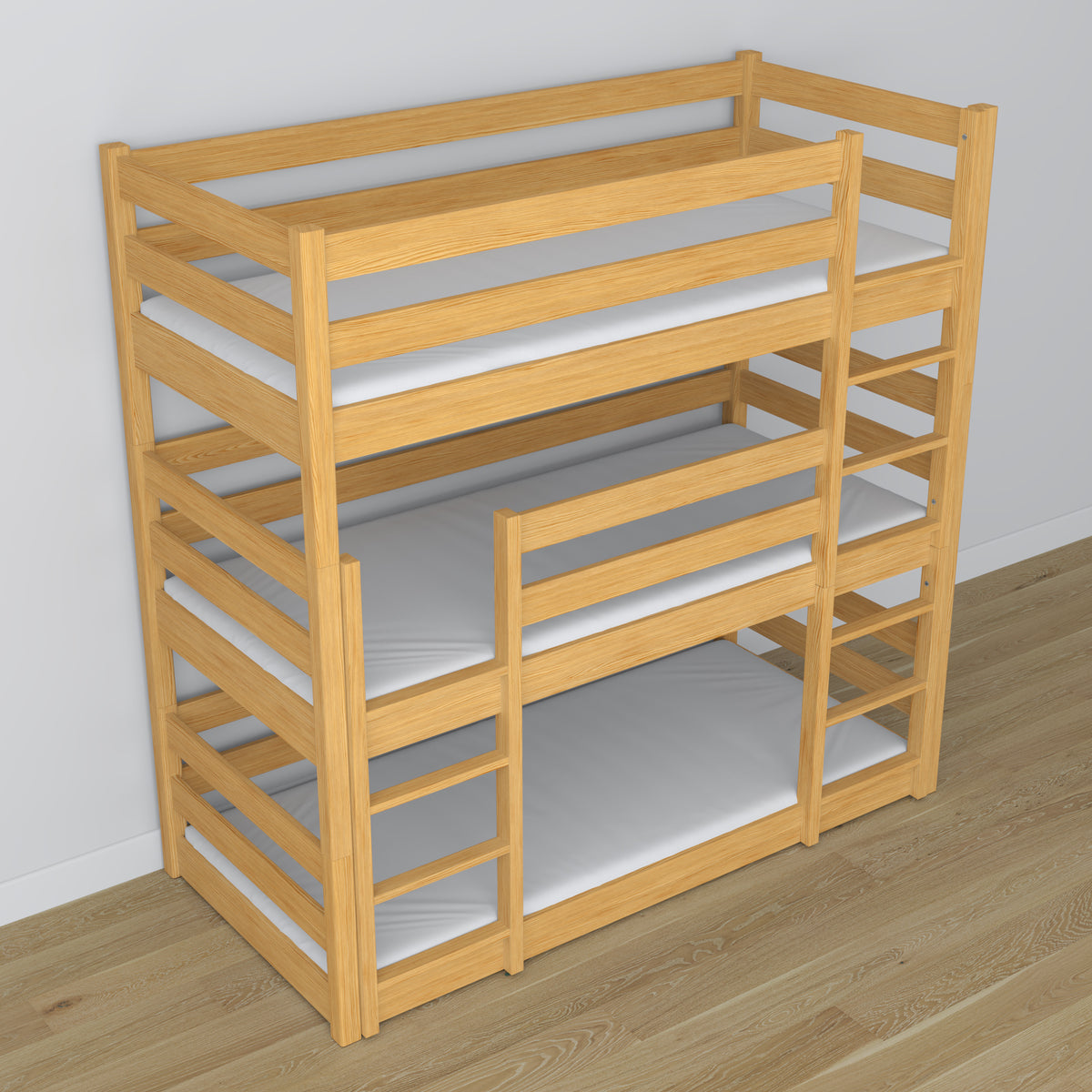Drielaags stapelbed naturel grenen in kinderkamer – scandi inrichting, Nizio