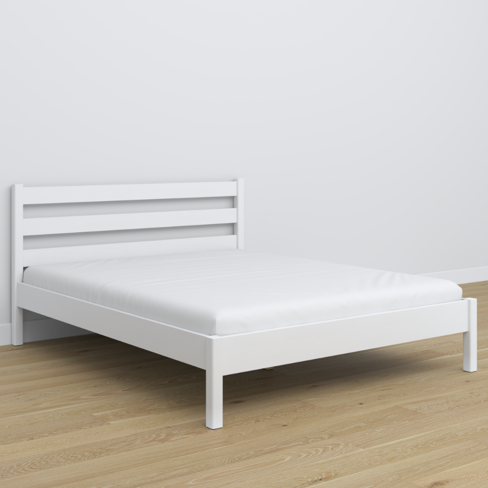 Tweepersoonsbed wit – houten hoofdeinde, close-up op houtskwaliteit