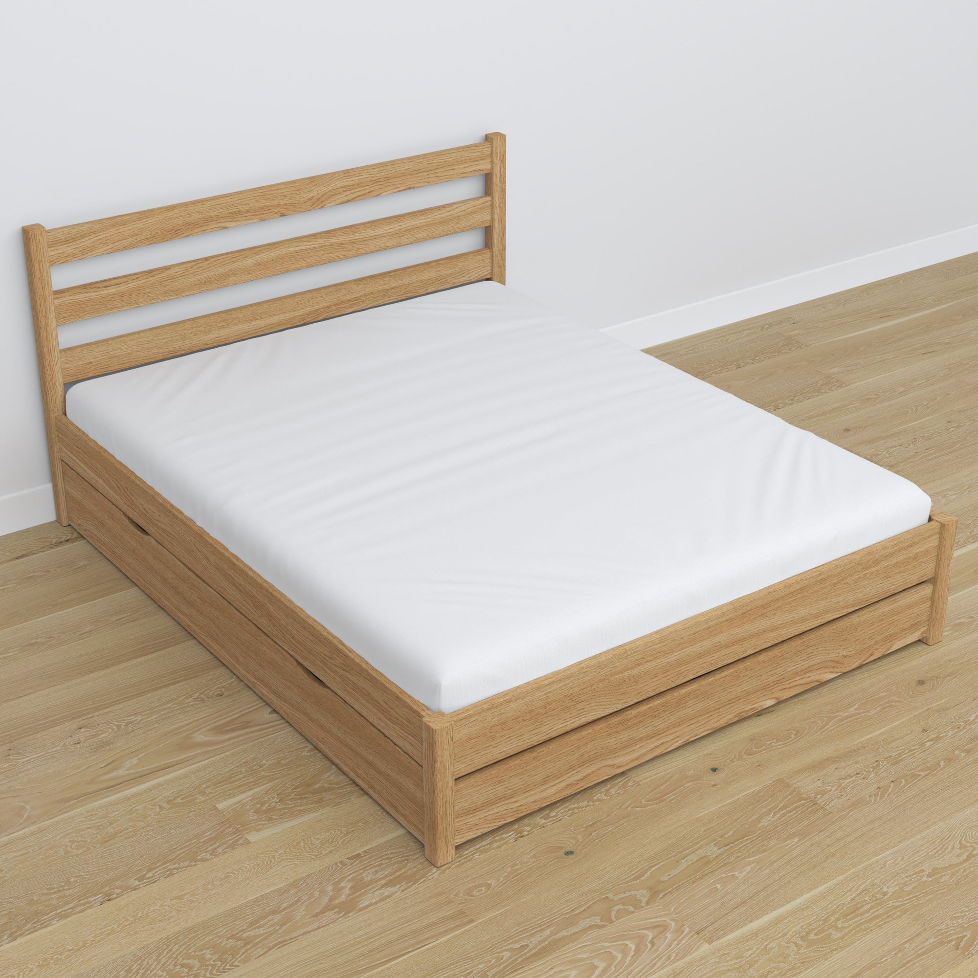 Tweepersoons bed naturel eiken – poten en basis eiken, close-up