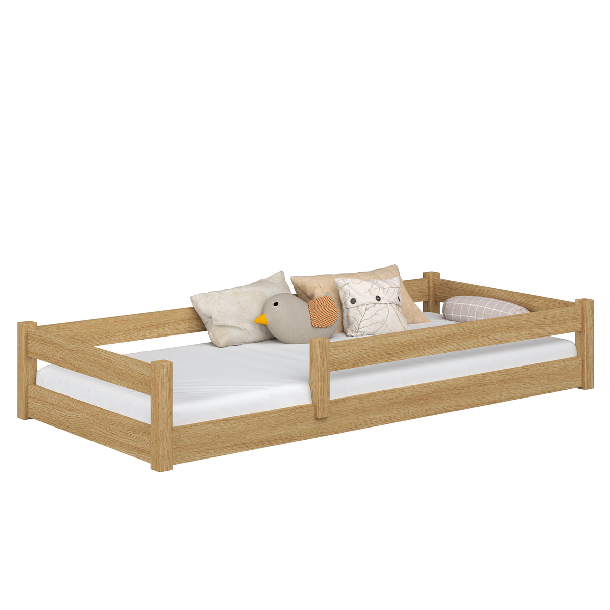 Laag bed eiken naturel eiken – laag frame, zijaanzicht, slaapkamer scandi