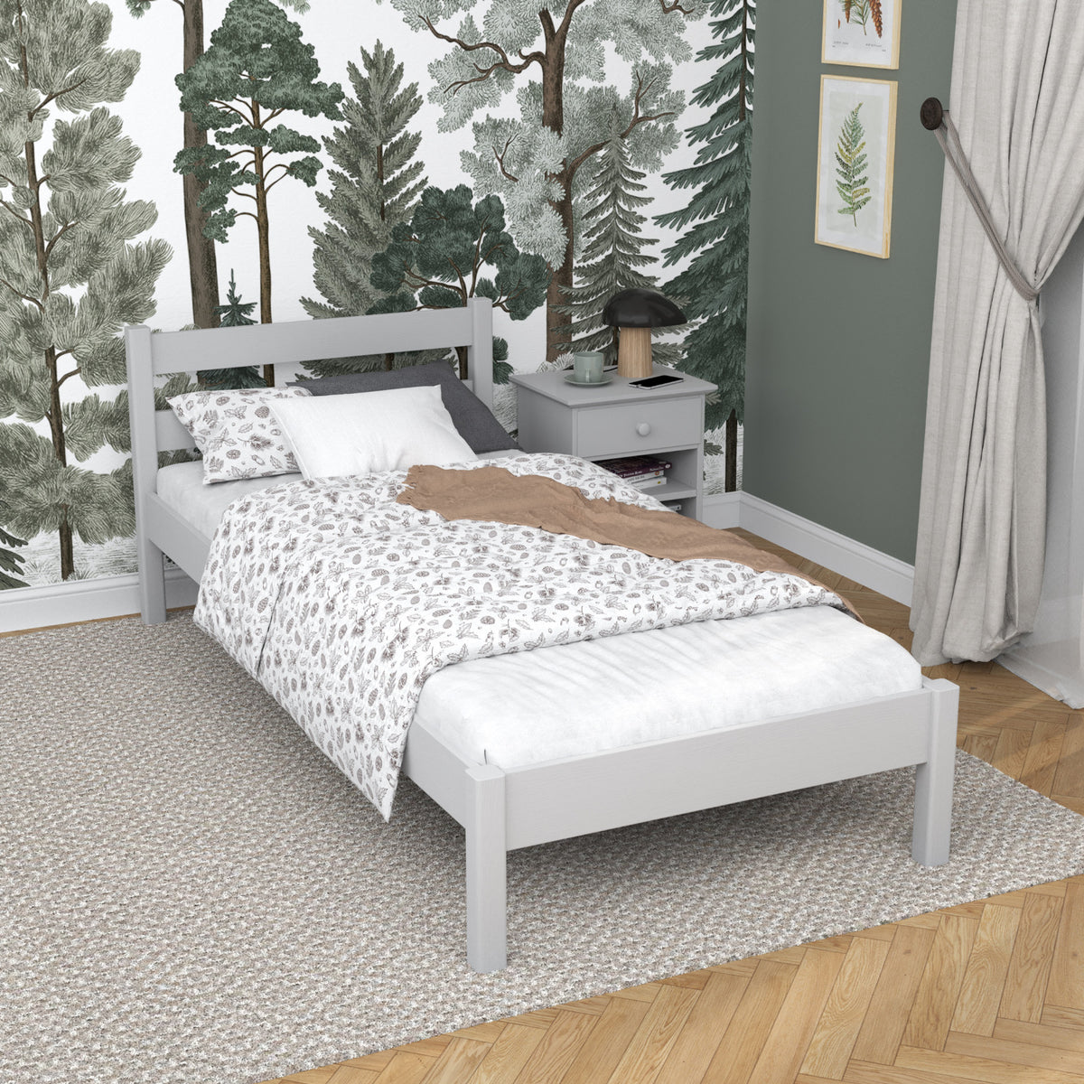 Single wooden bed grey – side view, furniture proportions