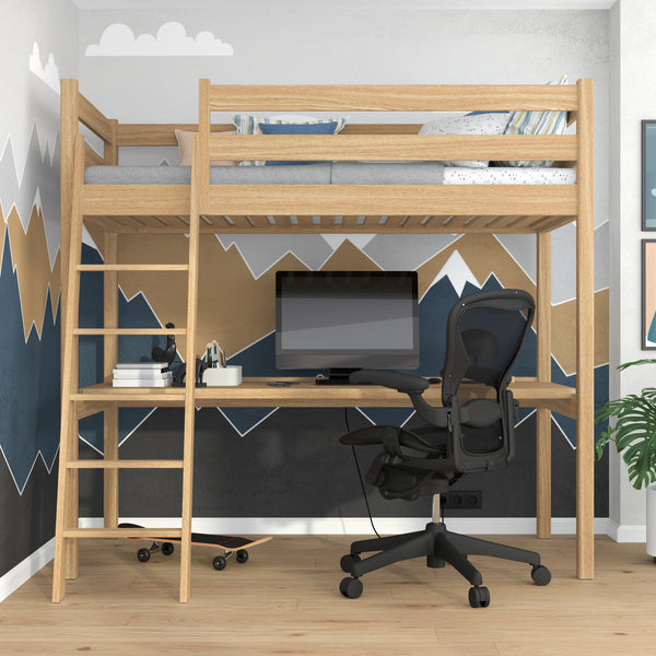 Lit mezzanine chêne naturel avec bureau – espace d'apprentissage sous la chambre, en chêne