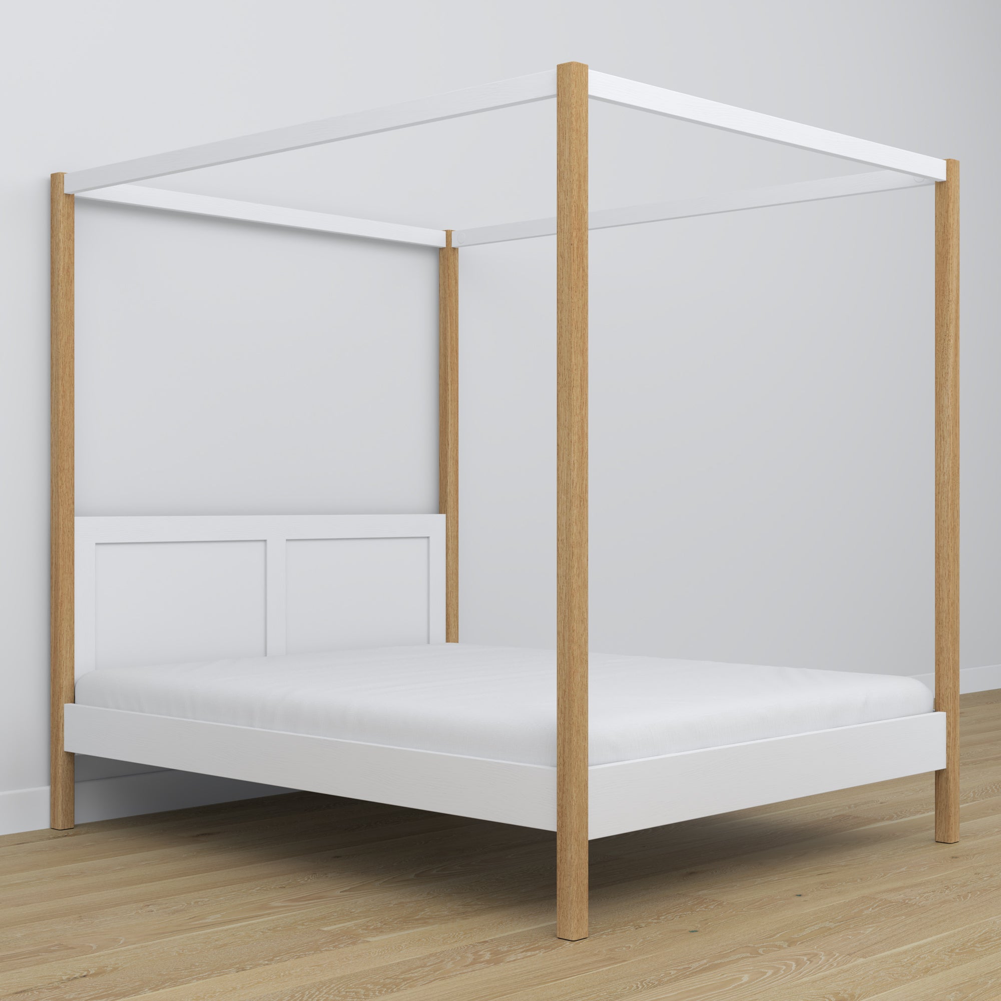 Tweepersoonsbed wit-eiken met hemel – decoratief frame houten, scandi