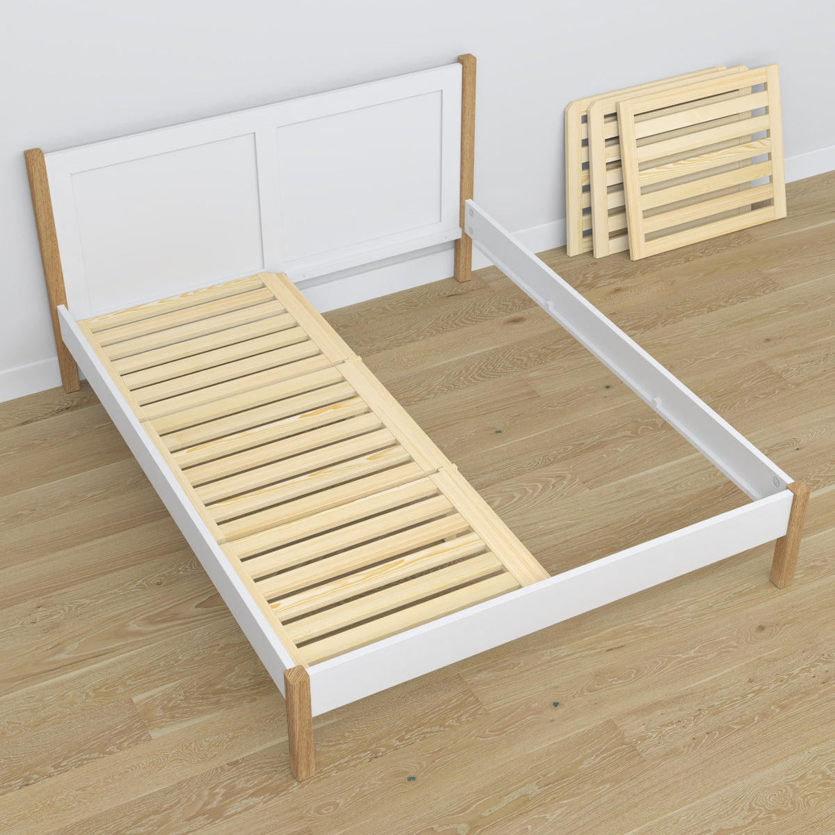 Houten tweepersoonsbed wit-eiken – afmetingen en schema, Nizio Home