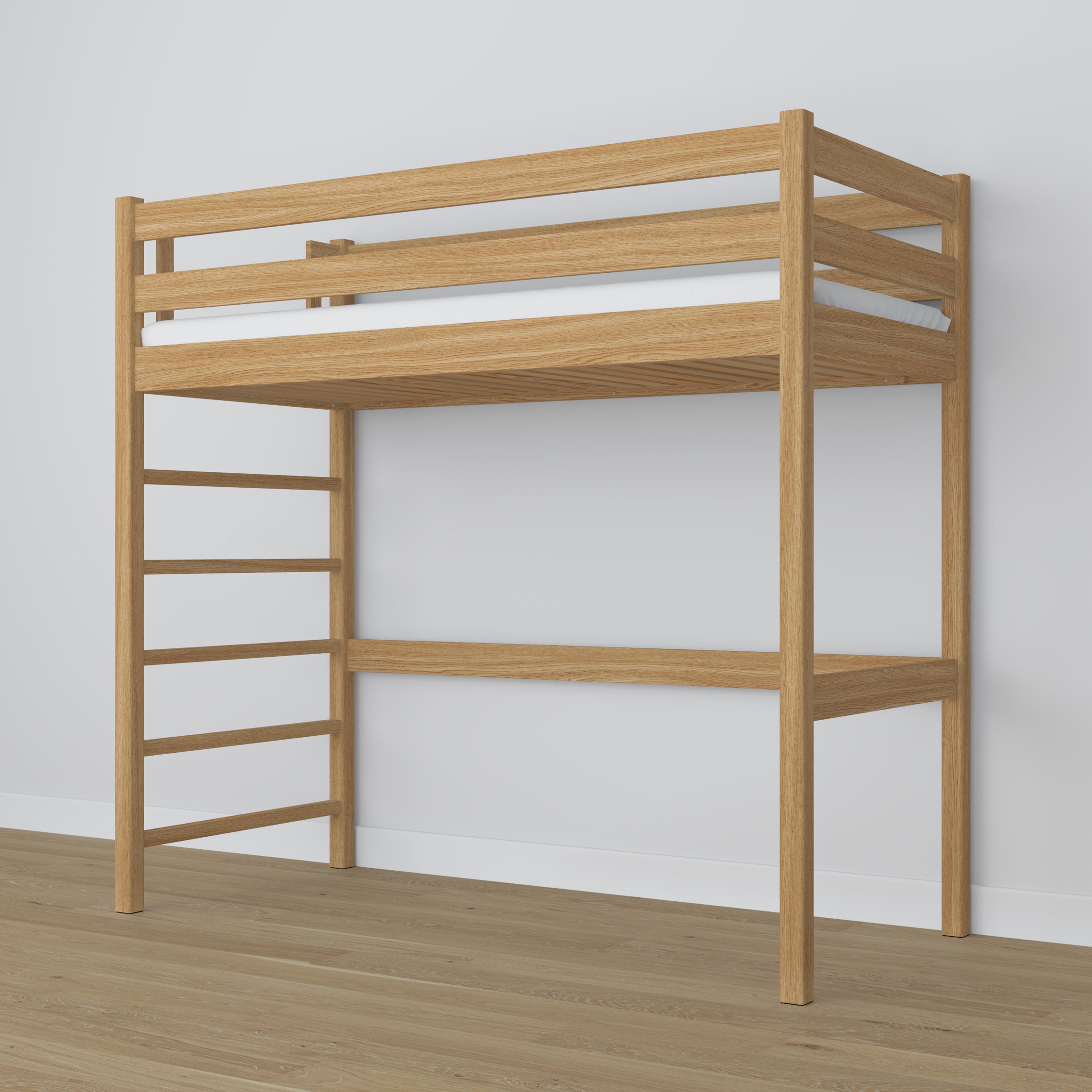 Natural Oak Loft Bed – Slatted Frame, Side View