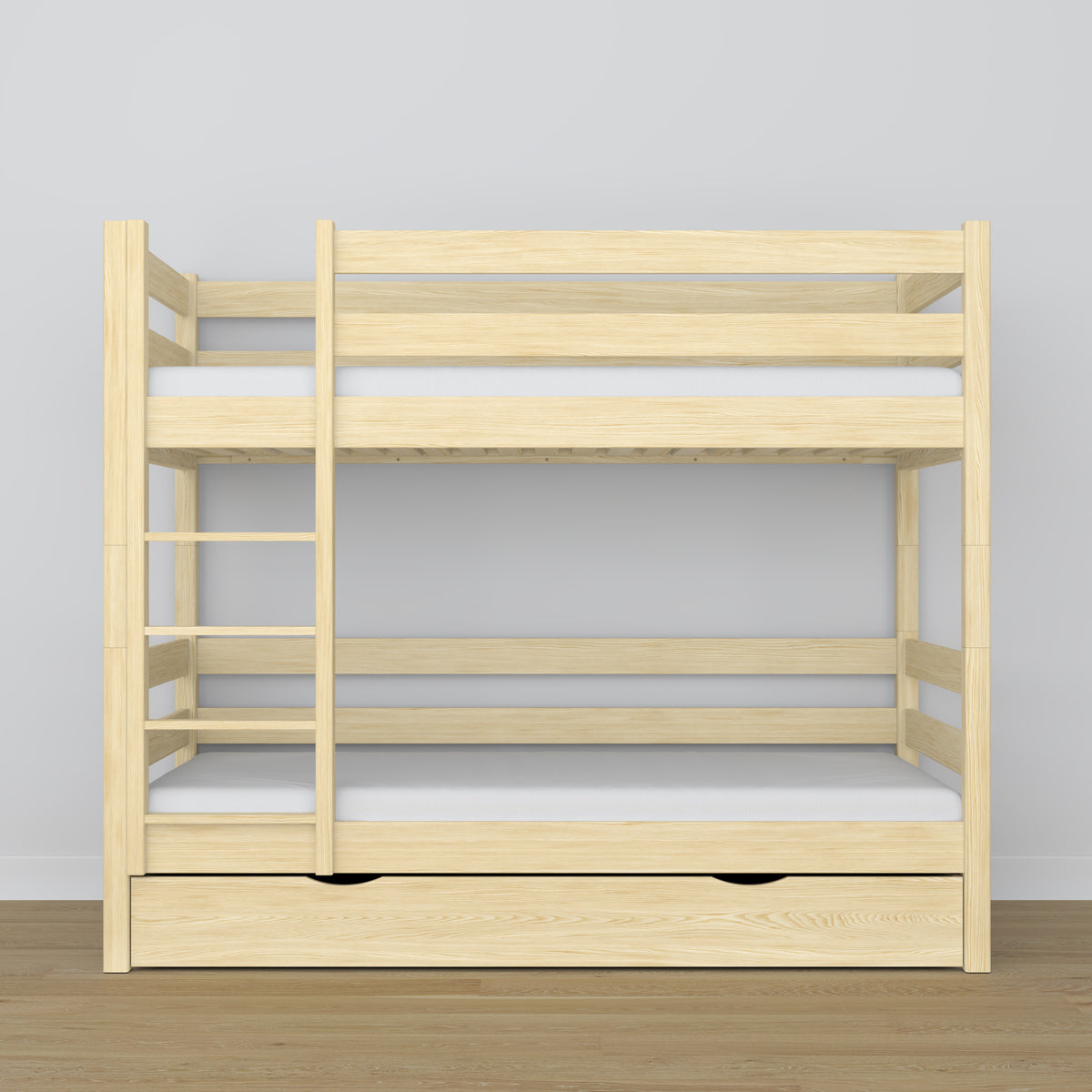 Stapelbed transparant grenen – houten frame met lattenbodem, zijaanzicht
