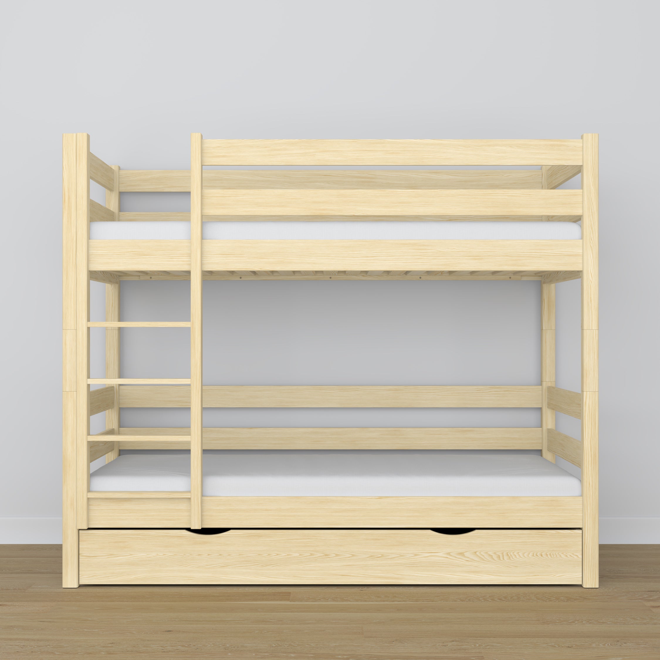 Stapelbed transparant grenen – houten frame met lattenbodem, zijaanzicht