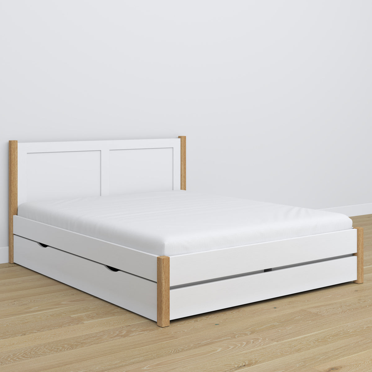Tweepersoonsbed wit met eiken met lade – houten hoofdeinde, close-up
