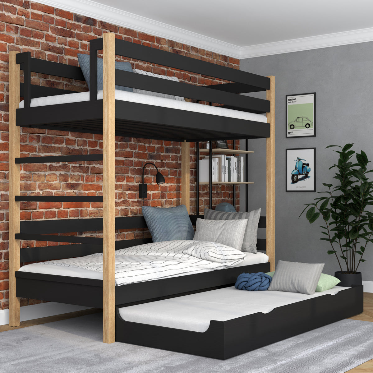 Houten stapelbed zwart-eiken – ladder, bedhekken, lade voor extra matras