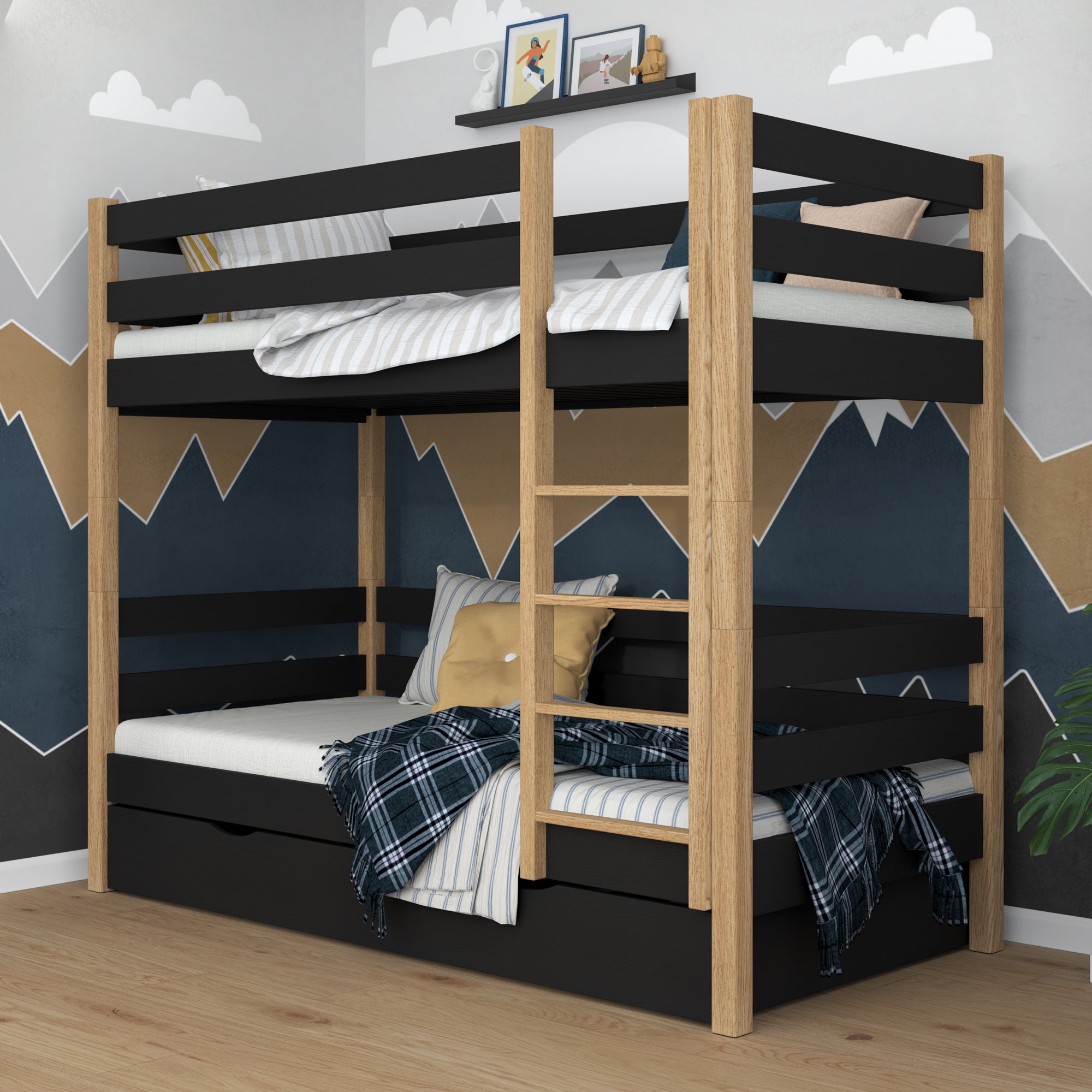 Black and Oak Wooden Bunk Bed – Open Drawer, Spacious Storage Under the Bed