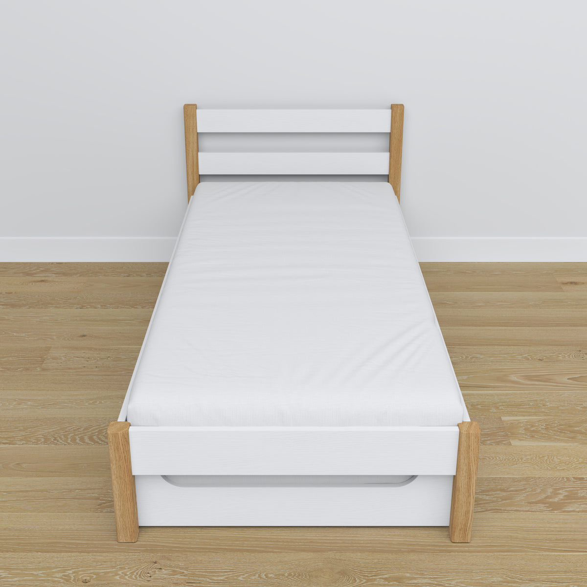 Bed white/oak – mattress drawer, wooden details, Nizio Home