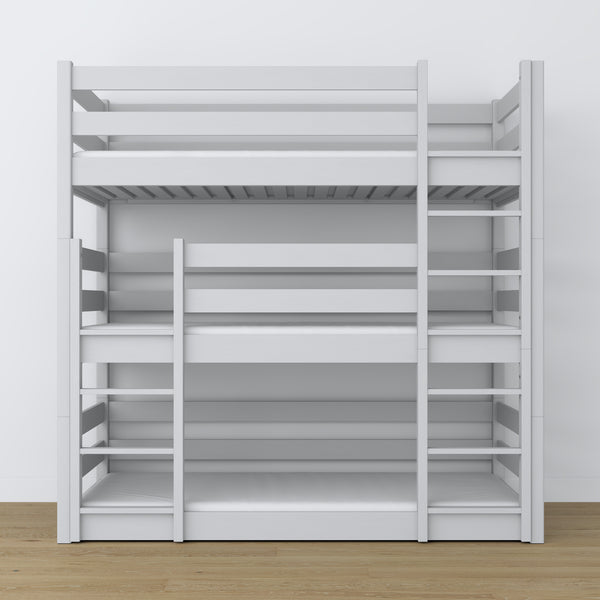 Triple bunk bed grey – ladder and safety rails, wooden