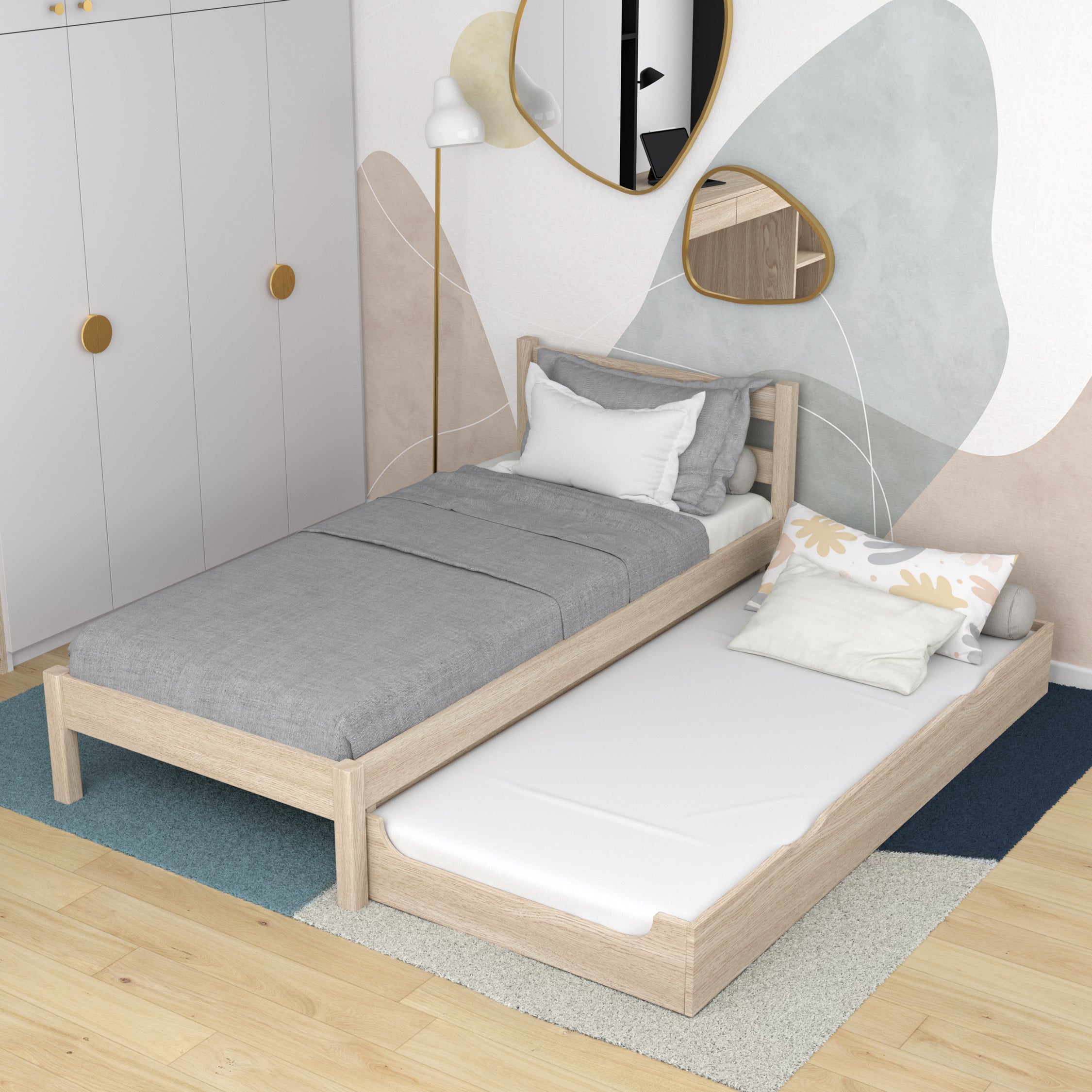Bed gewit eiken met lade voor extra matras – eiken, voor kinderen Nizio