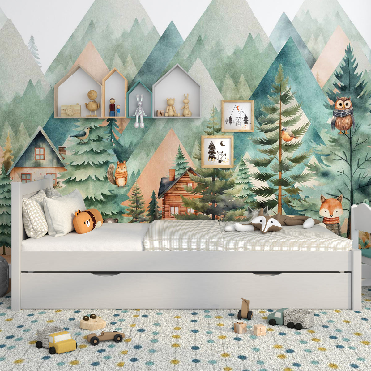 Lit gris z tiroir na matelas – vue de côté, en bois, Nizio Home