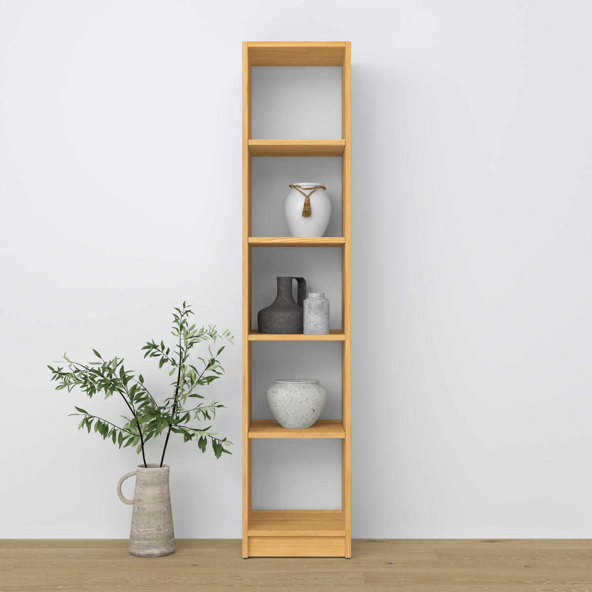 Bookcase wooden natural pine – close-up of shelves and details, Nizio Home