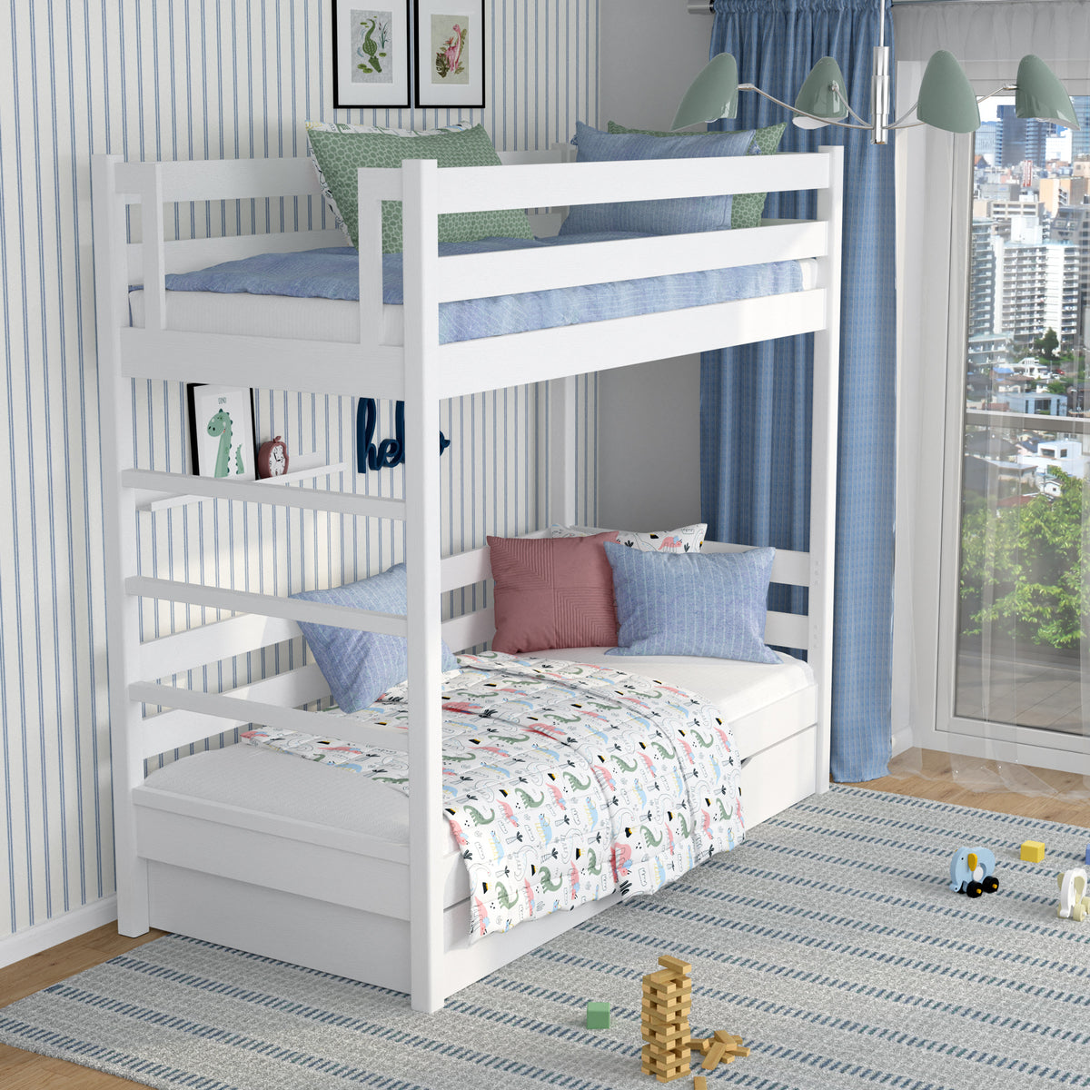 Stapelbed wit voor kinderen – twee slaapplaatsen en lade, houten